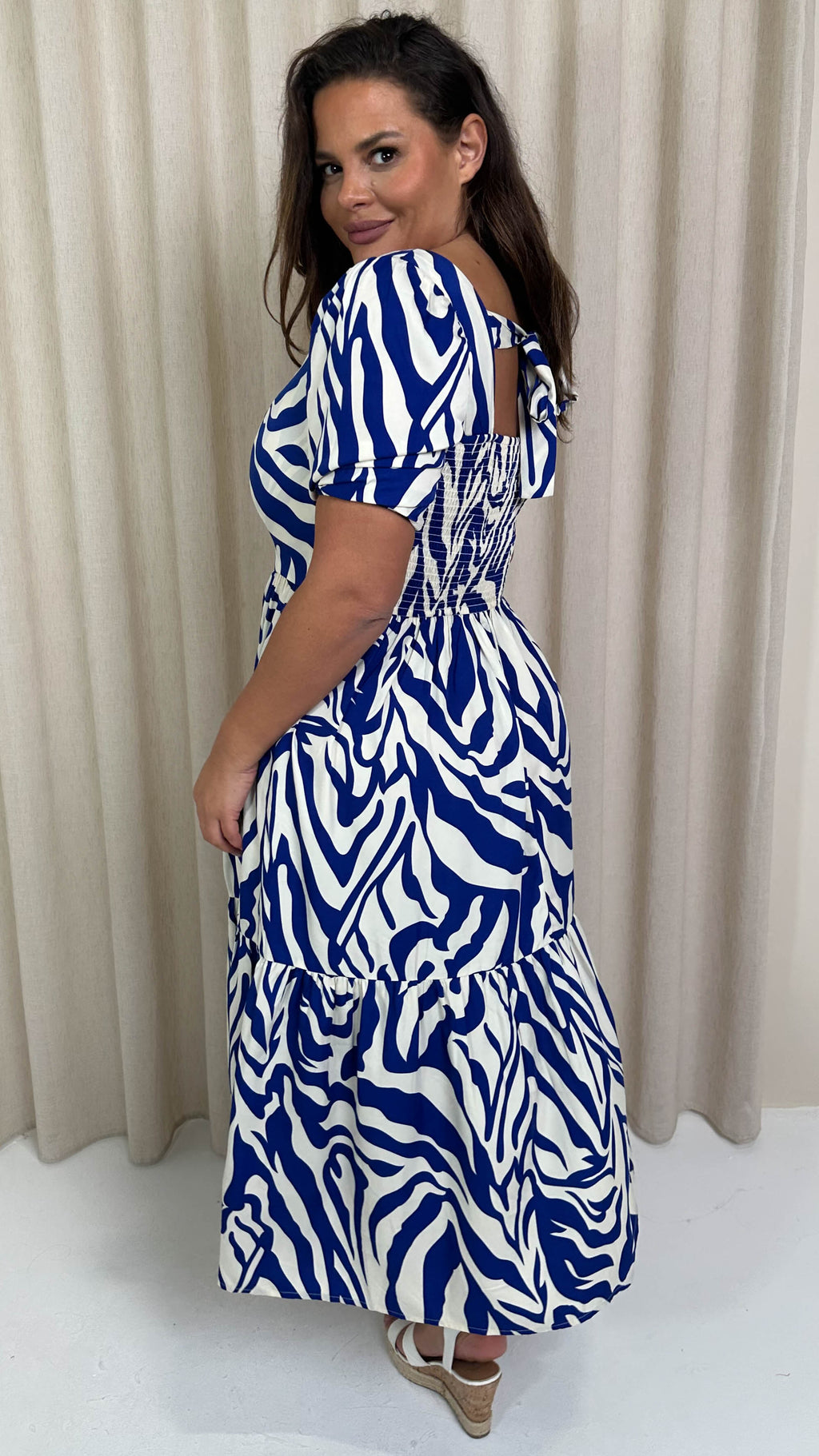 CurveWow Square Neck Puff Sleeve Dress Blue Zebra