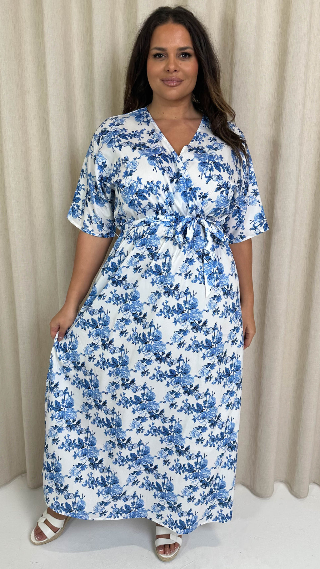 CurveWow Oriental Wrap Maxi Dress Blue Floral