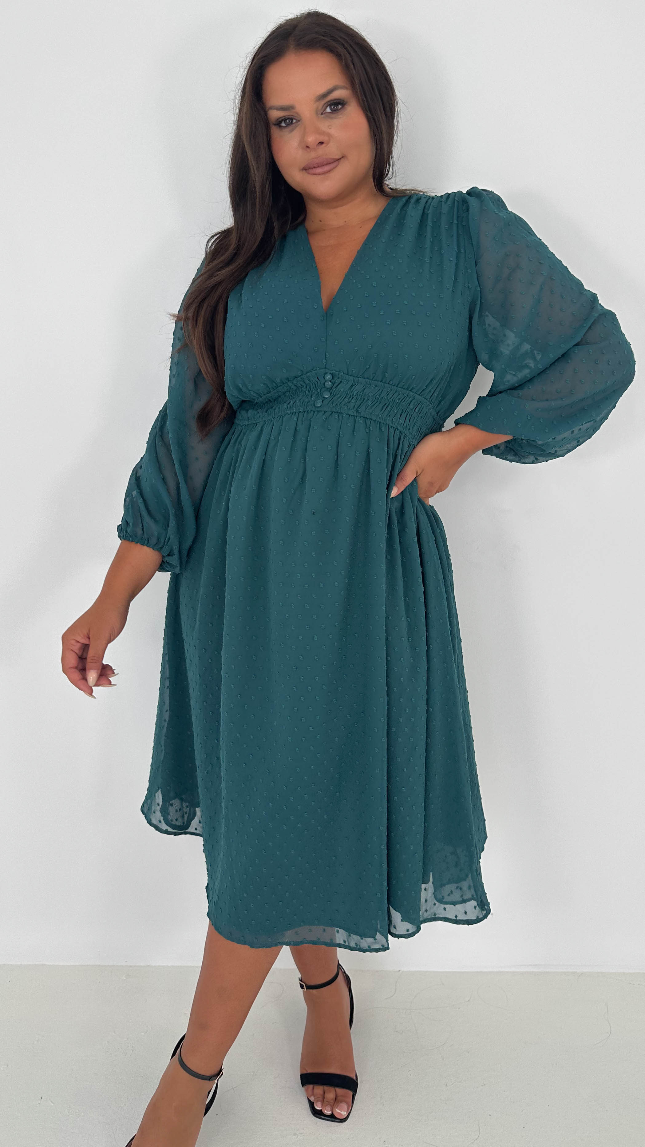 CurveWow Dobby Shirred Bodice Midi Dress Forest Green