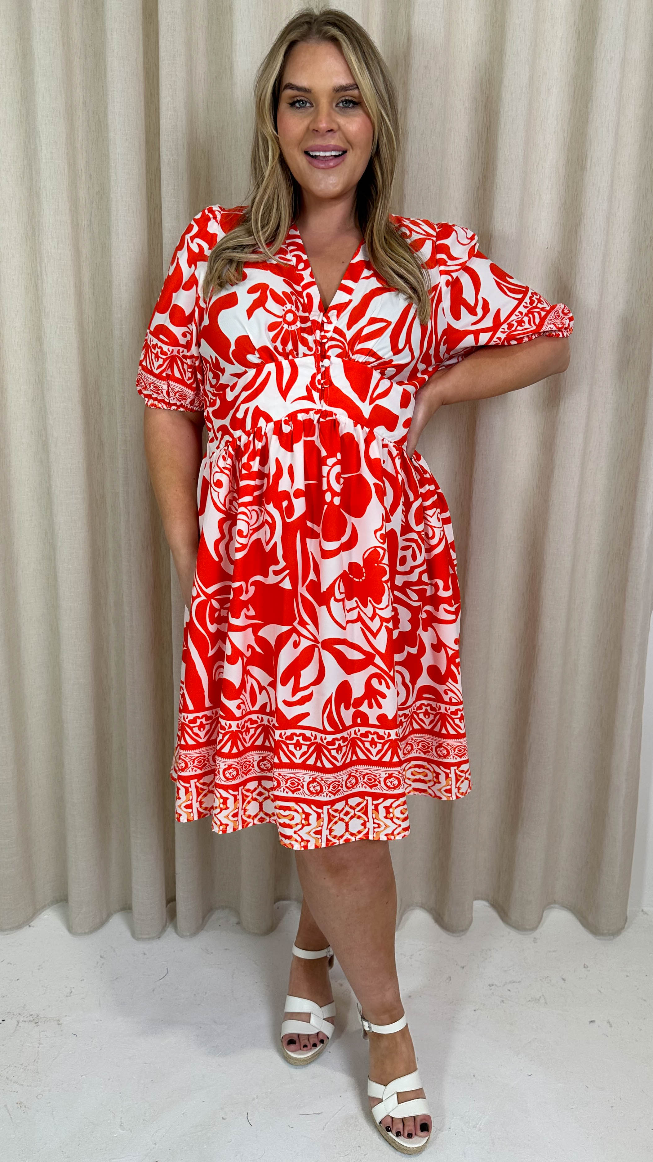 CurveWow Midi Smock Dress Red Tile