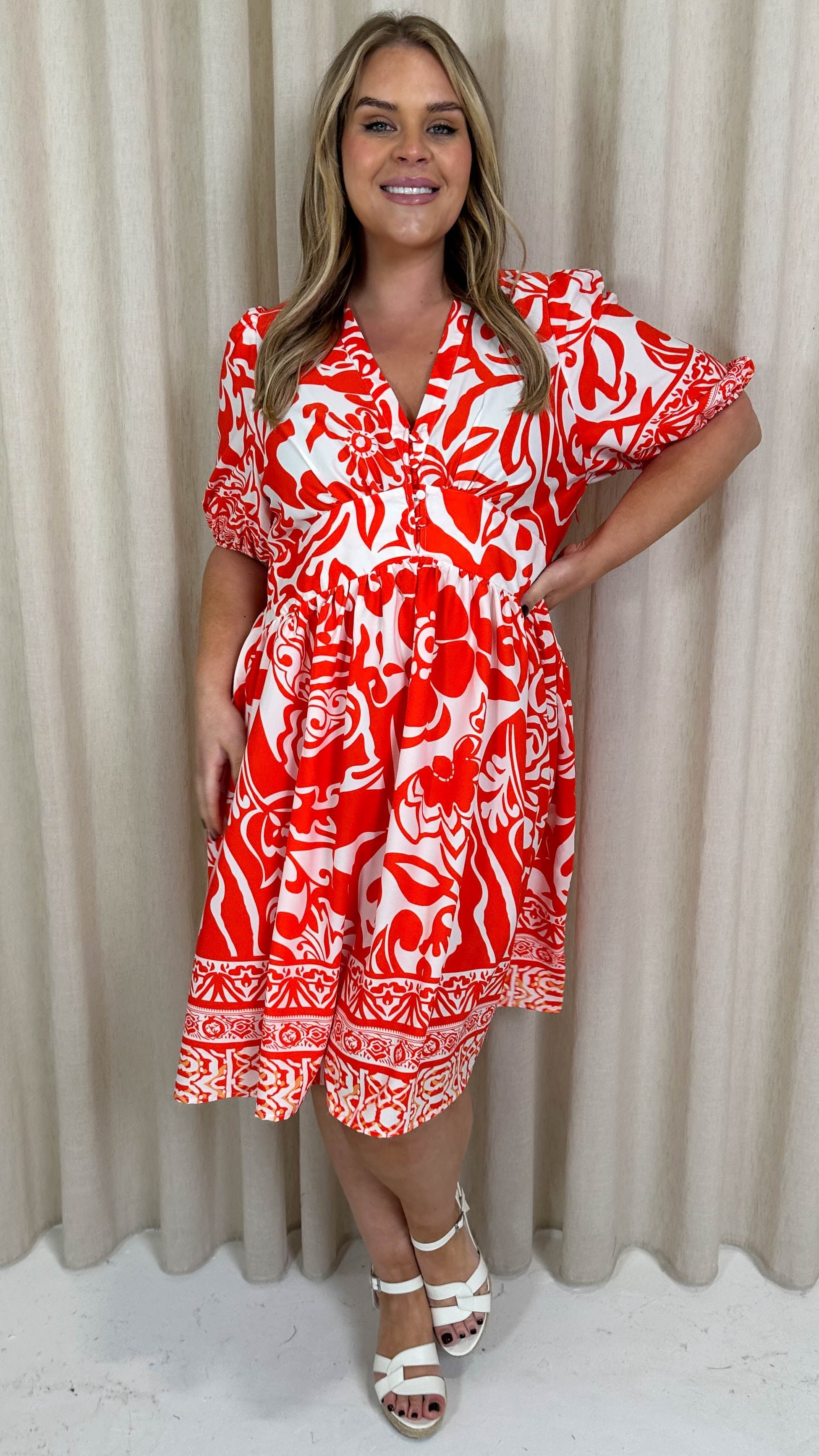 CurveWow Midi Smock Dress Red Tile