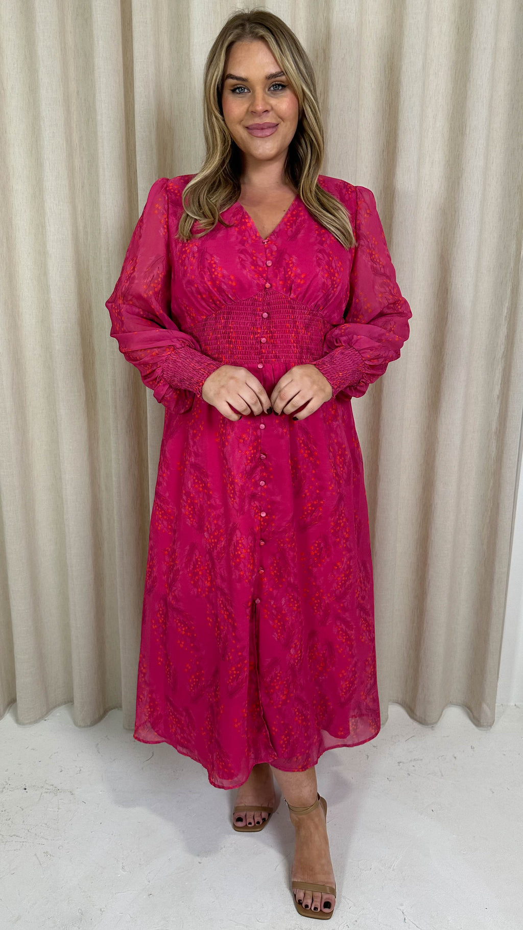 CurveWow Button Front Maxi Dress Magenta Floral