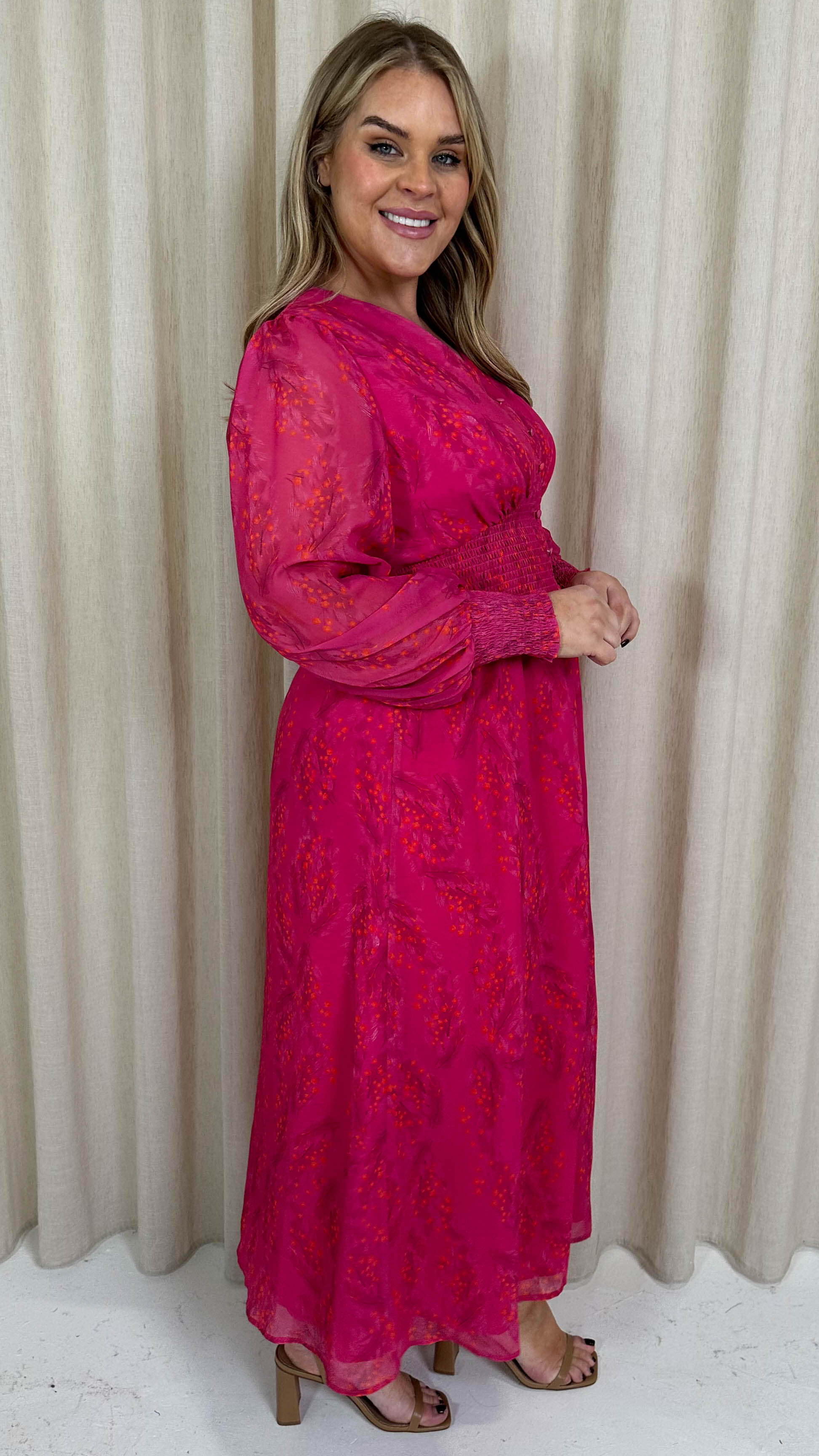 CurveWow Button Front Maxi Dress Magenta Floral