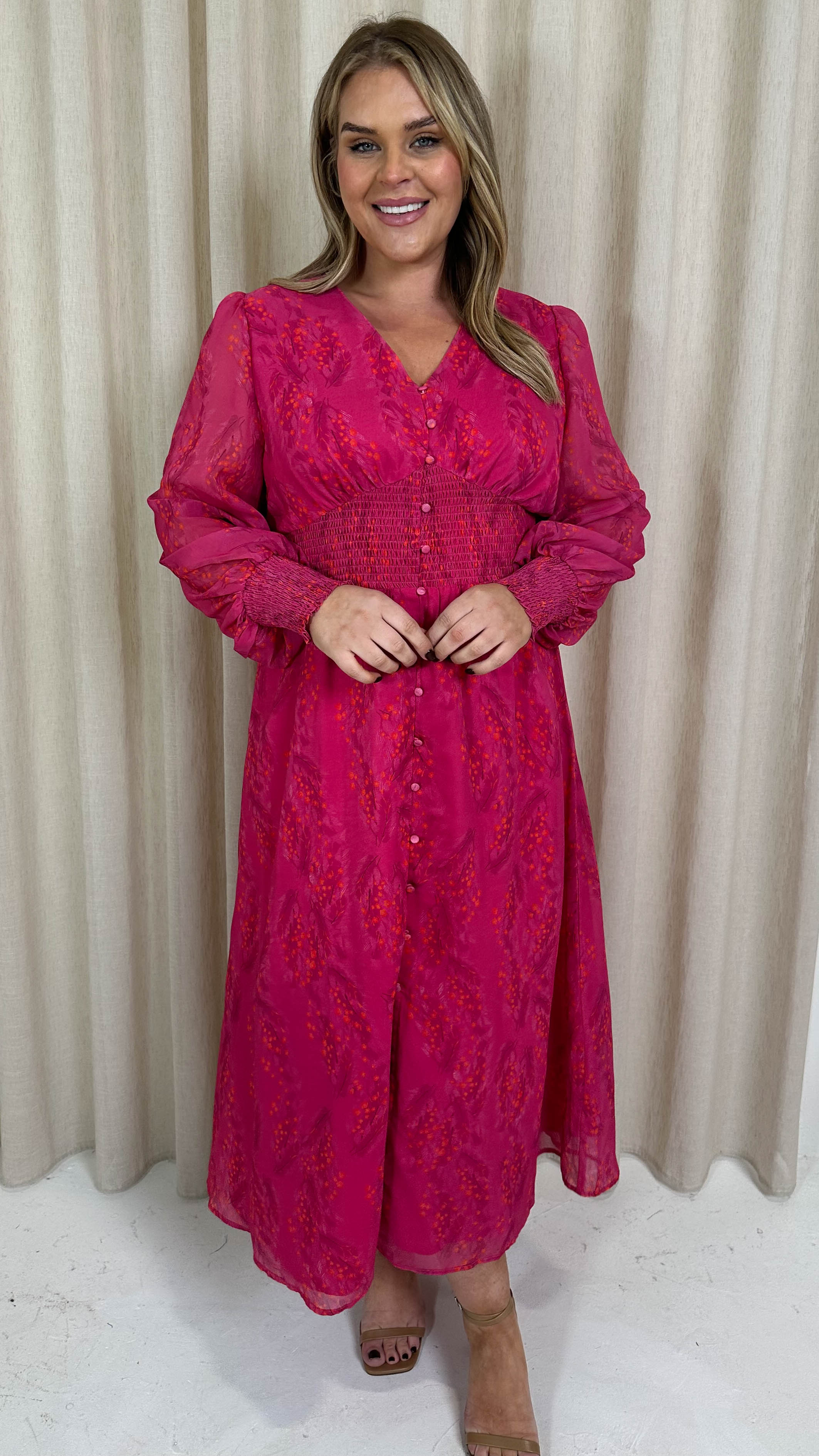 CurveWow Button Front Maxi Dress Magenta Floral