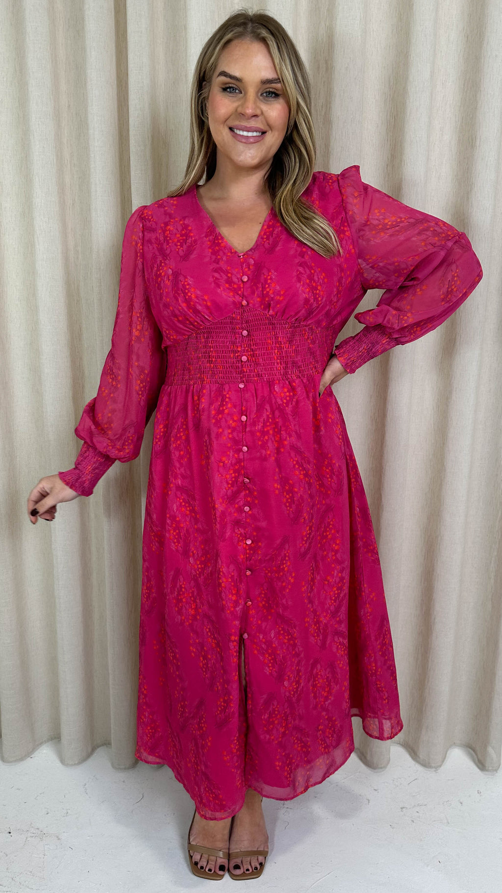 CurveWow Button Front Maxi Dress Magenta Floral