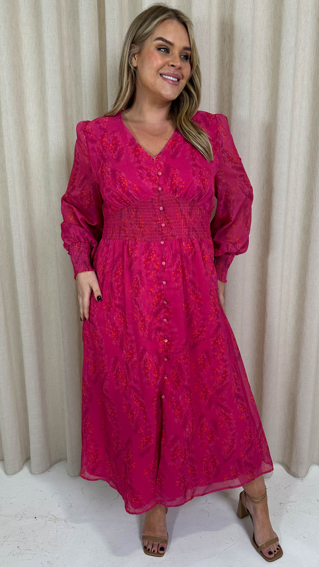 CurveWow Button Front Maxi Dress Magenta Floral