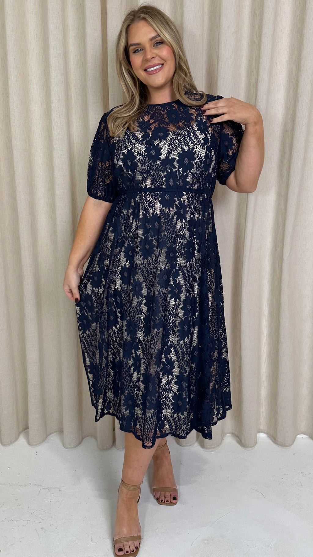 CurveWow Lace Midi Skater Dress Navy