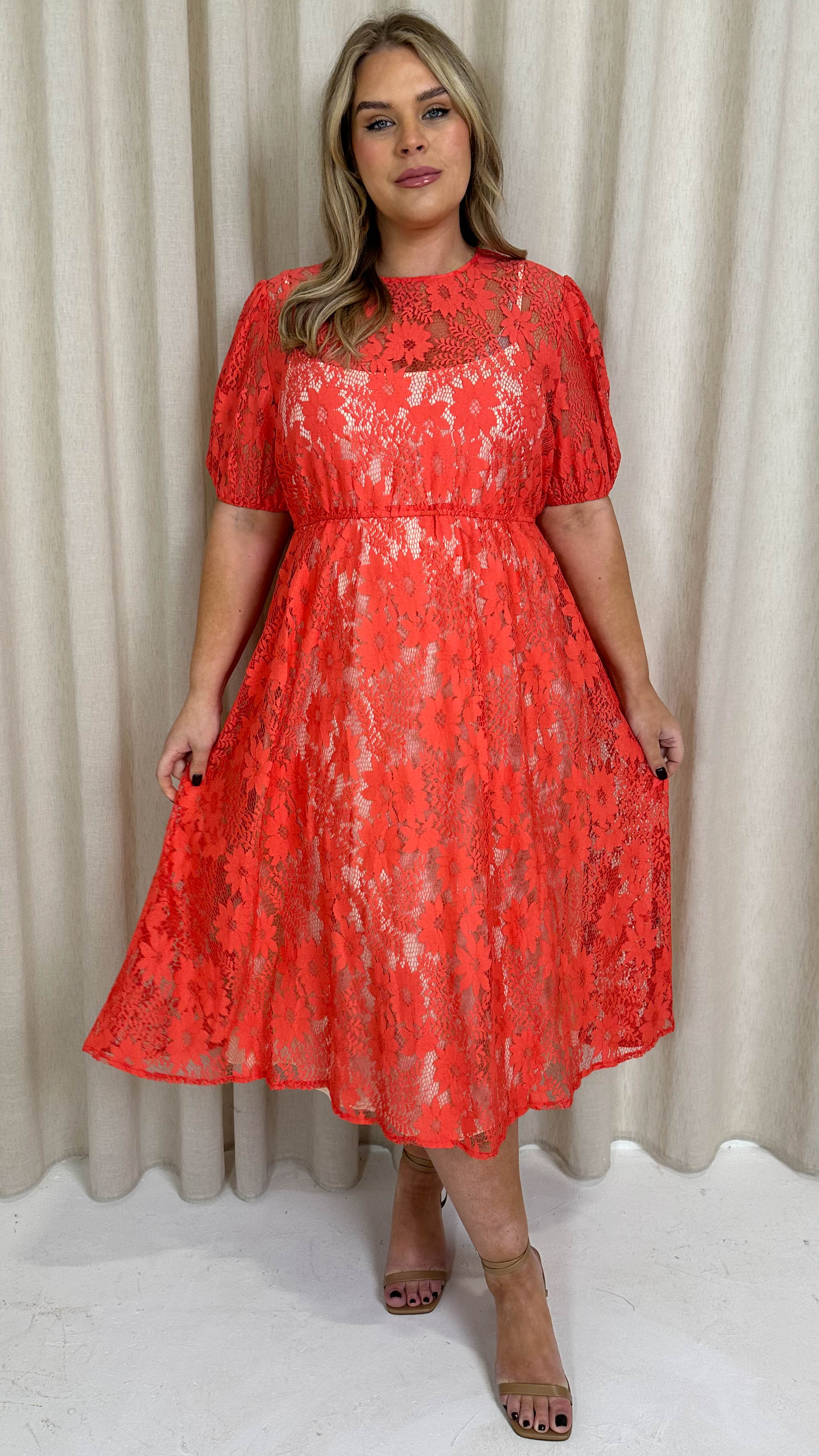 CurveWow Lace Midi Skater Dress Coral