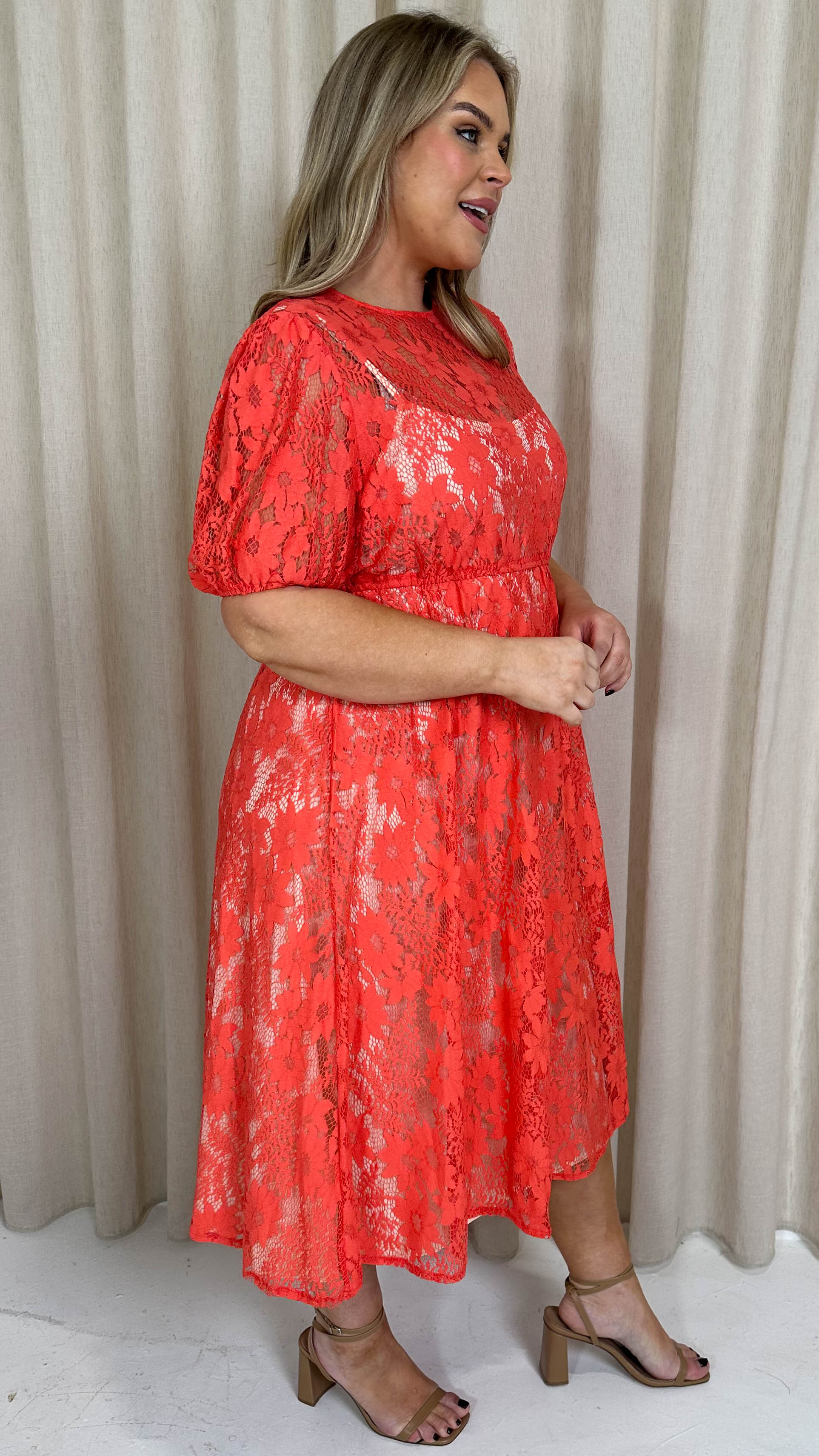 CurveWow Lace Midi Skater Dress Coral