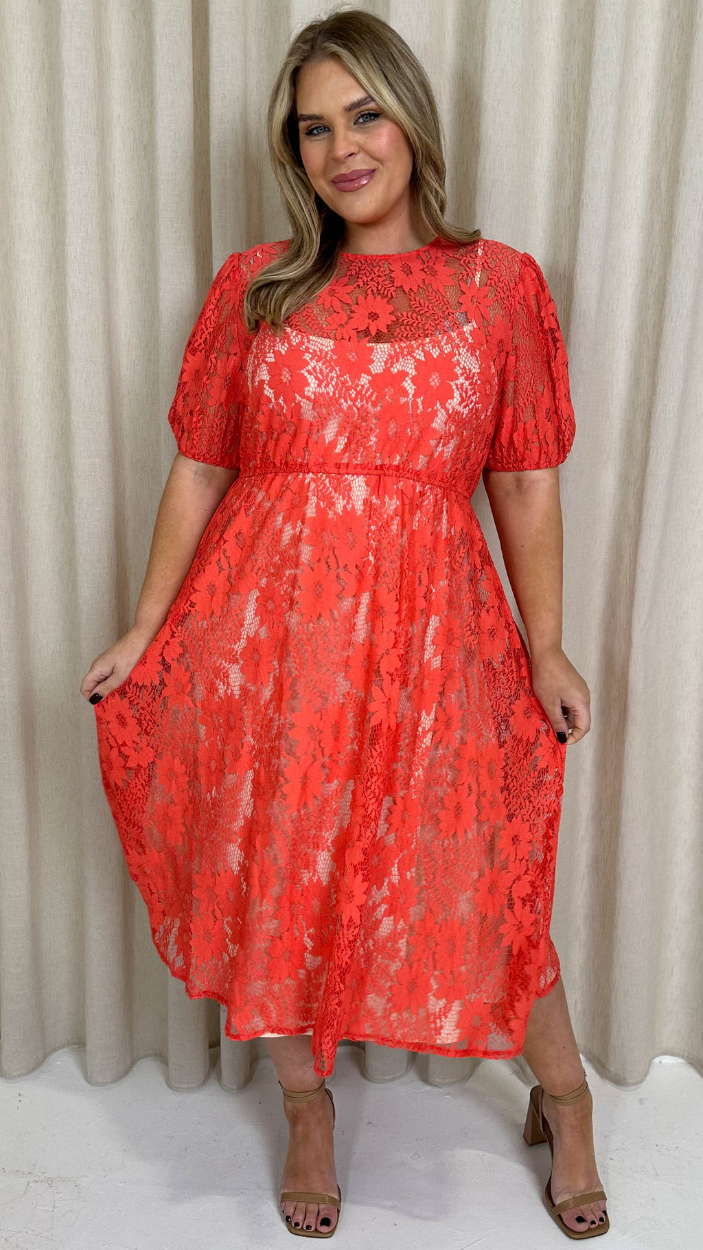 CurveWow Lace Midi Skater Dress Coral