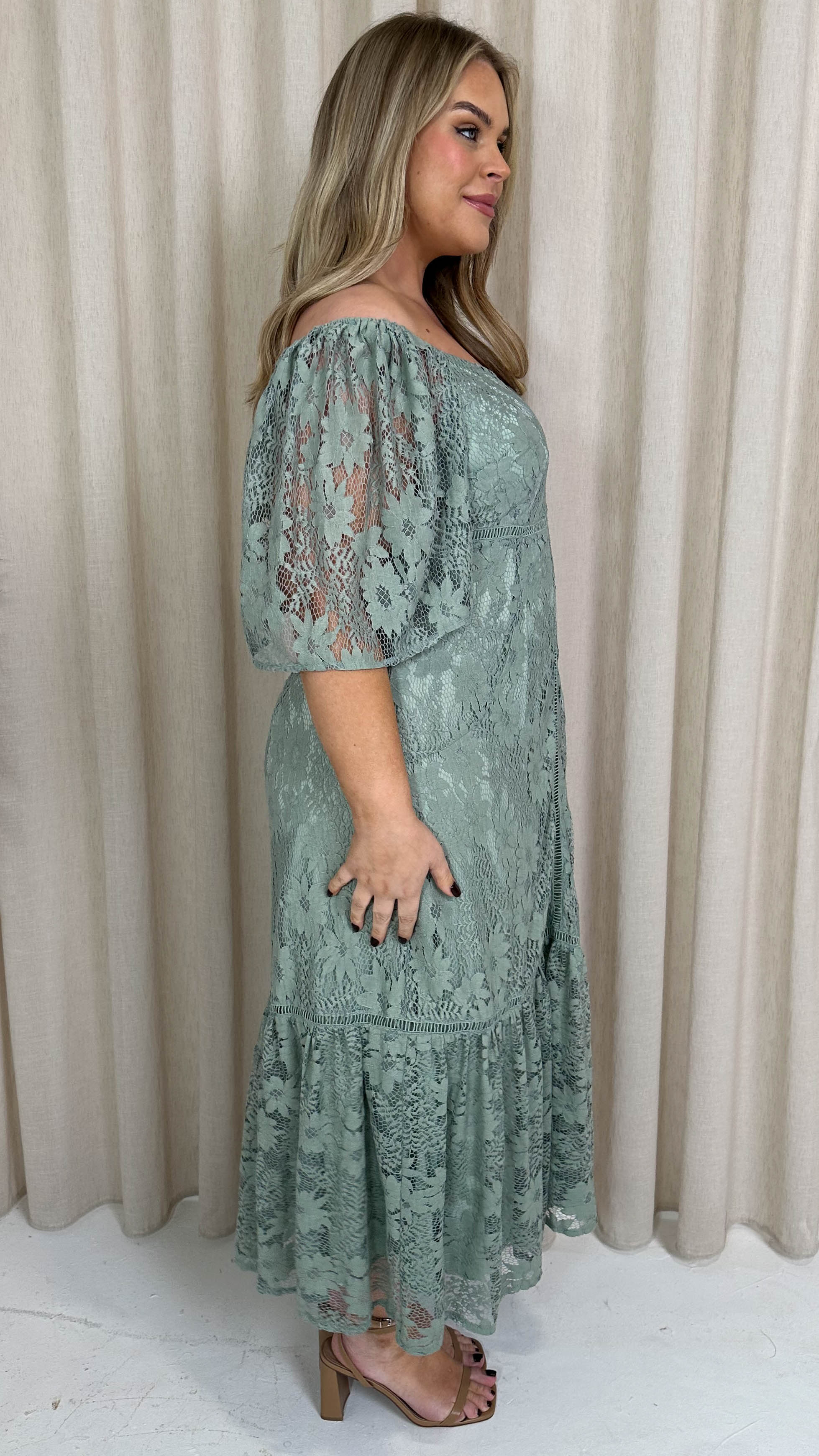 CurveWow Lace Frill Hem Midaxi Dress Sage Green