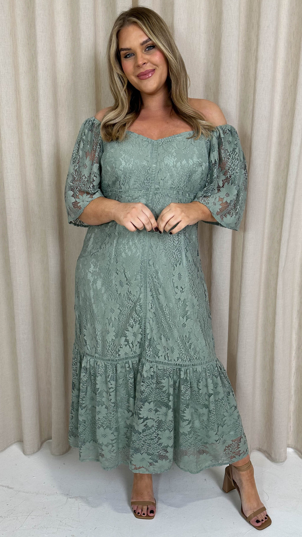 CurveWow Lace Frill Hem Midaxi Dress Sage Green