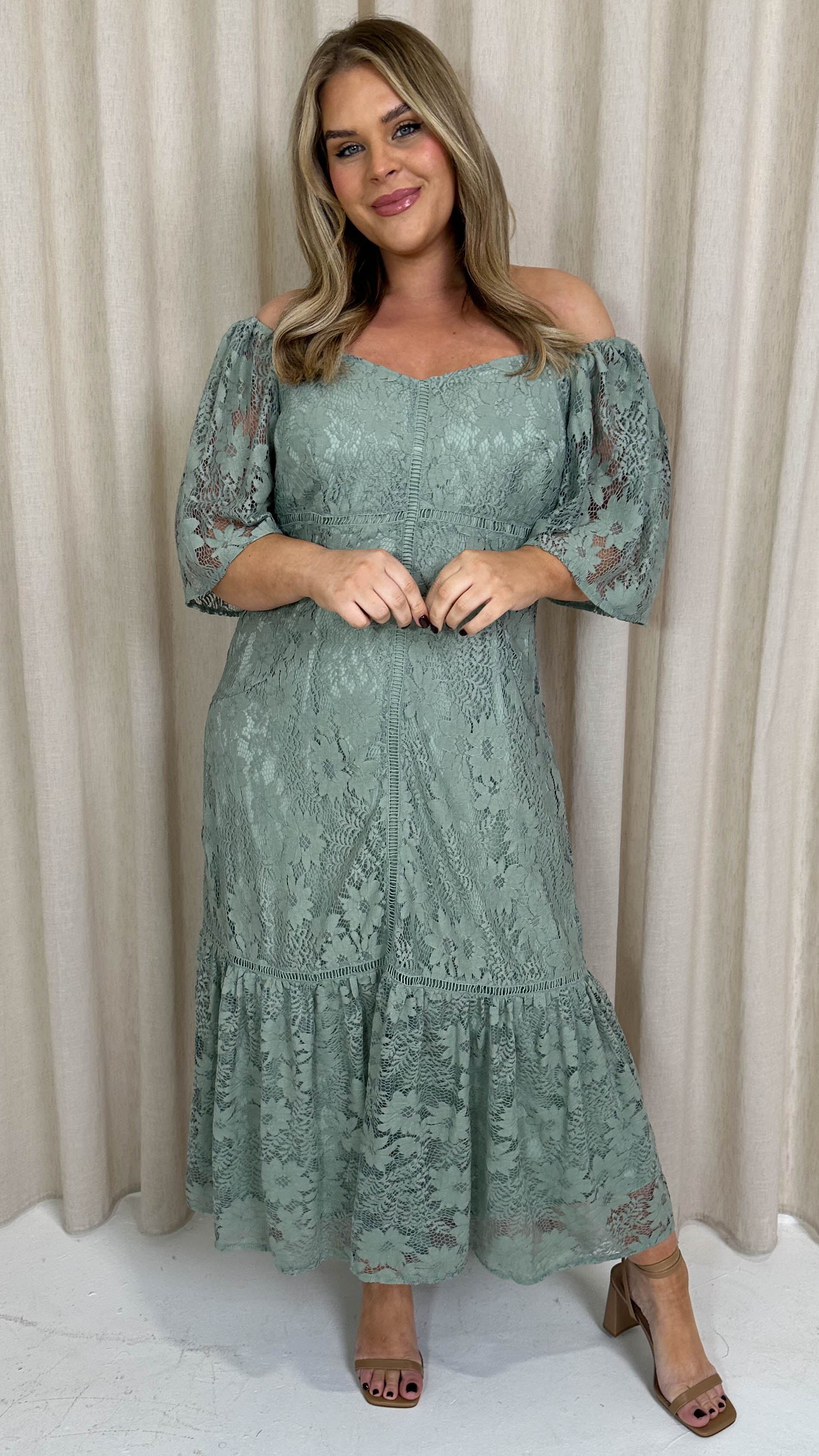 CurveWow Lace Frill Hem Midaxi Dress Sage Green
