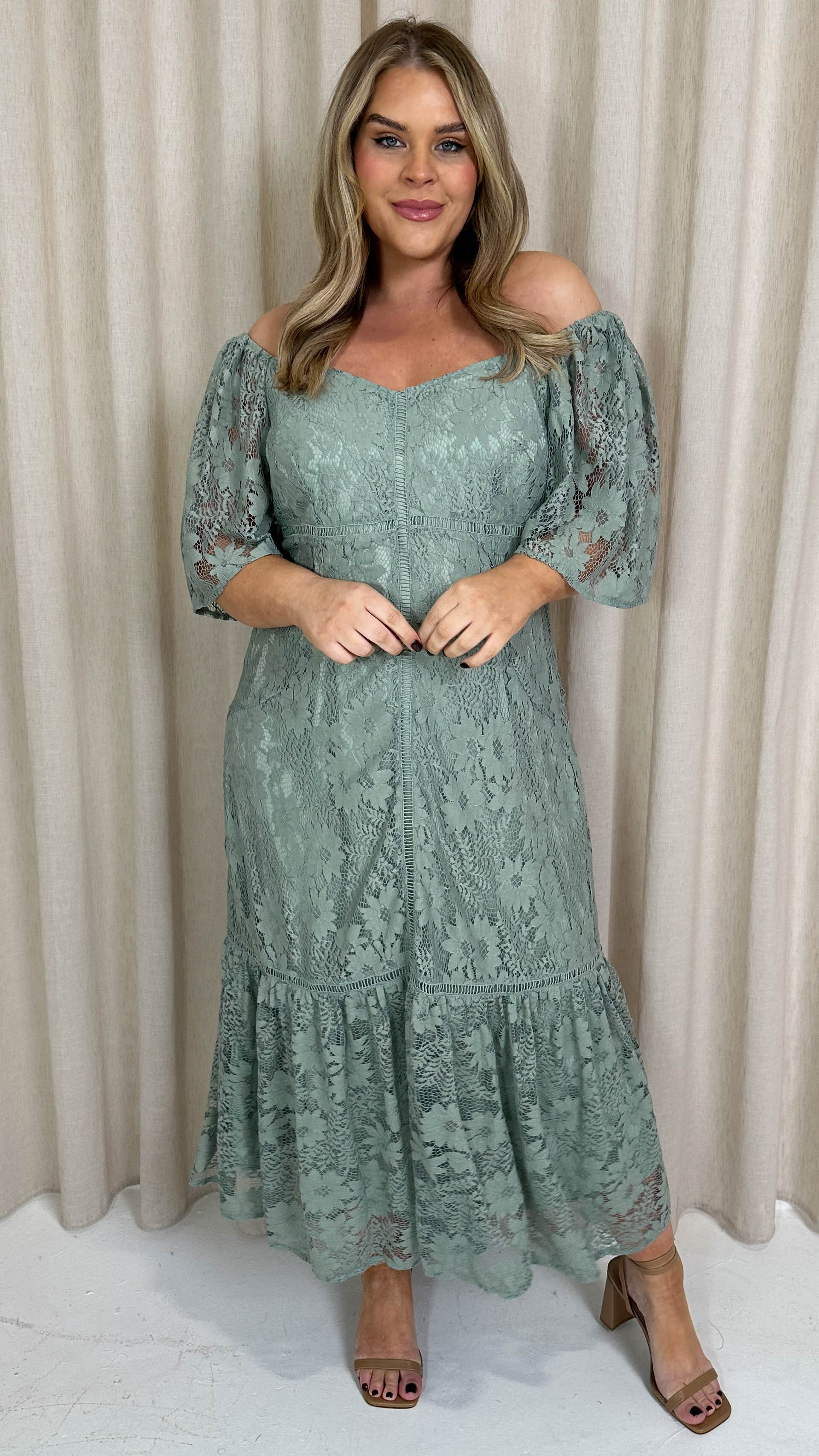 CurveWow Lace Frill Hem Midaxi Dress Sage Green