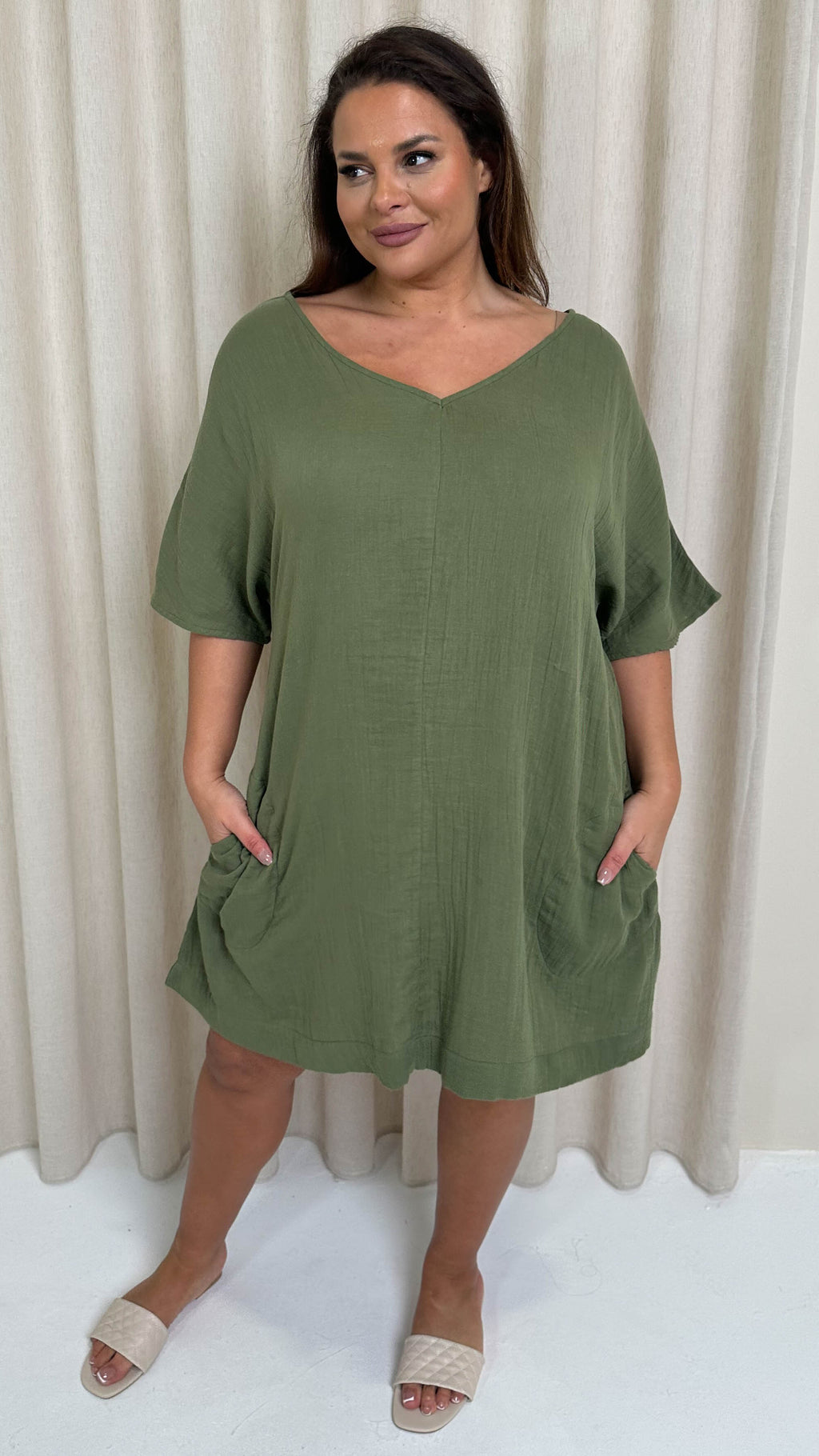 CurveWow Cotton Pocket Dress Khaki