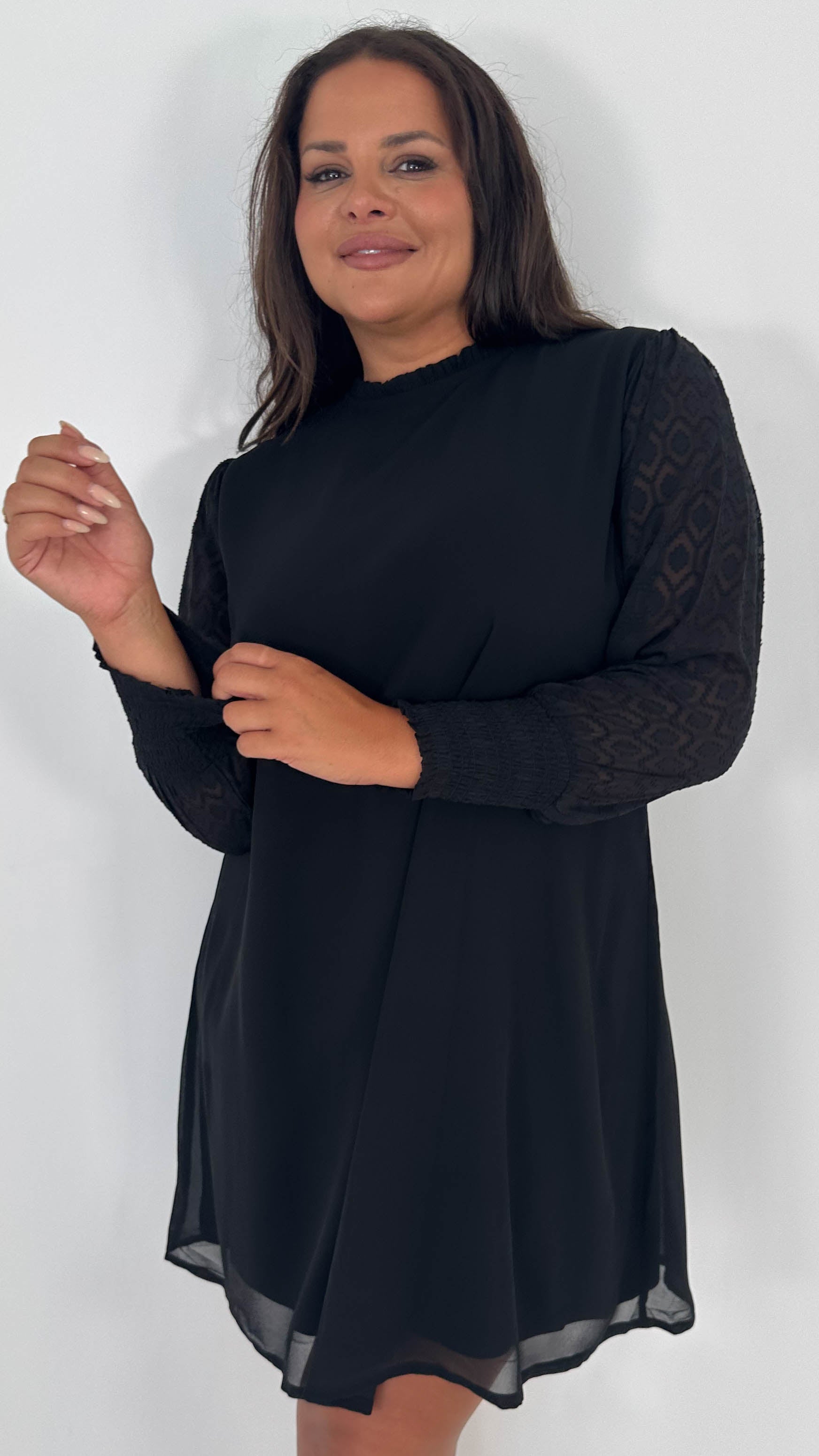 CurveWow Black Sheer Sleeve Shift Dress