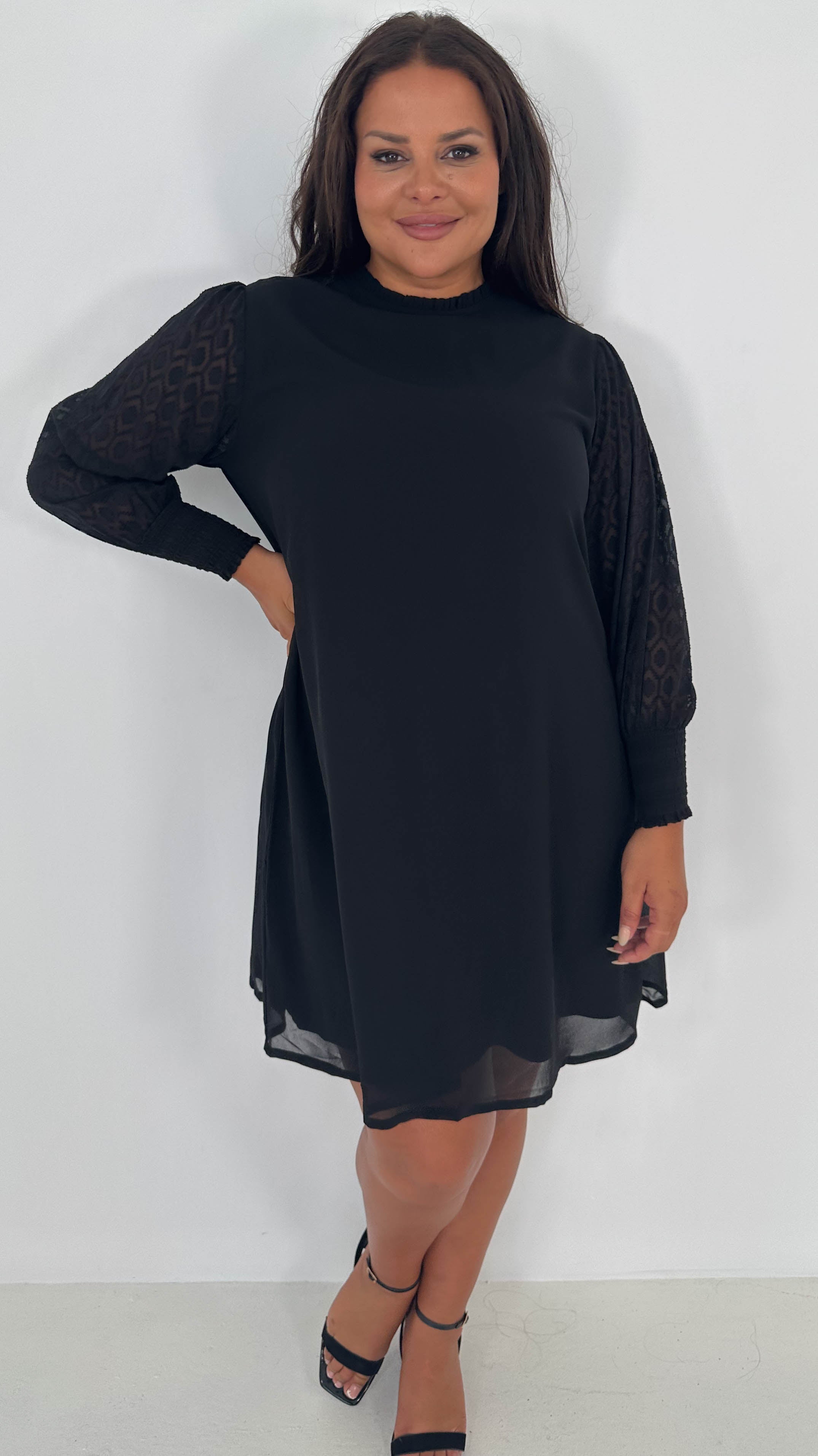 CurveWow Black Sheer Sleeve Shift Dress