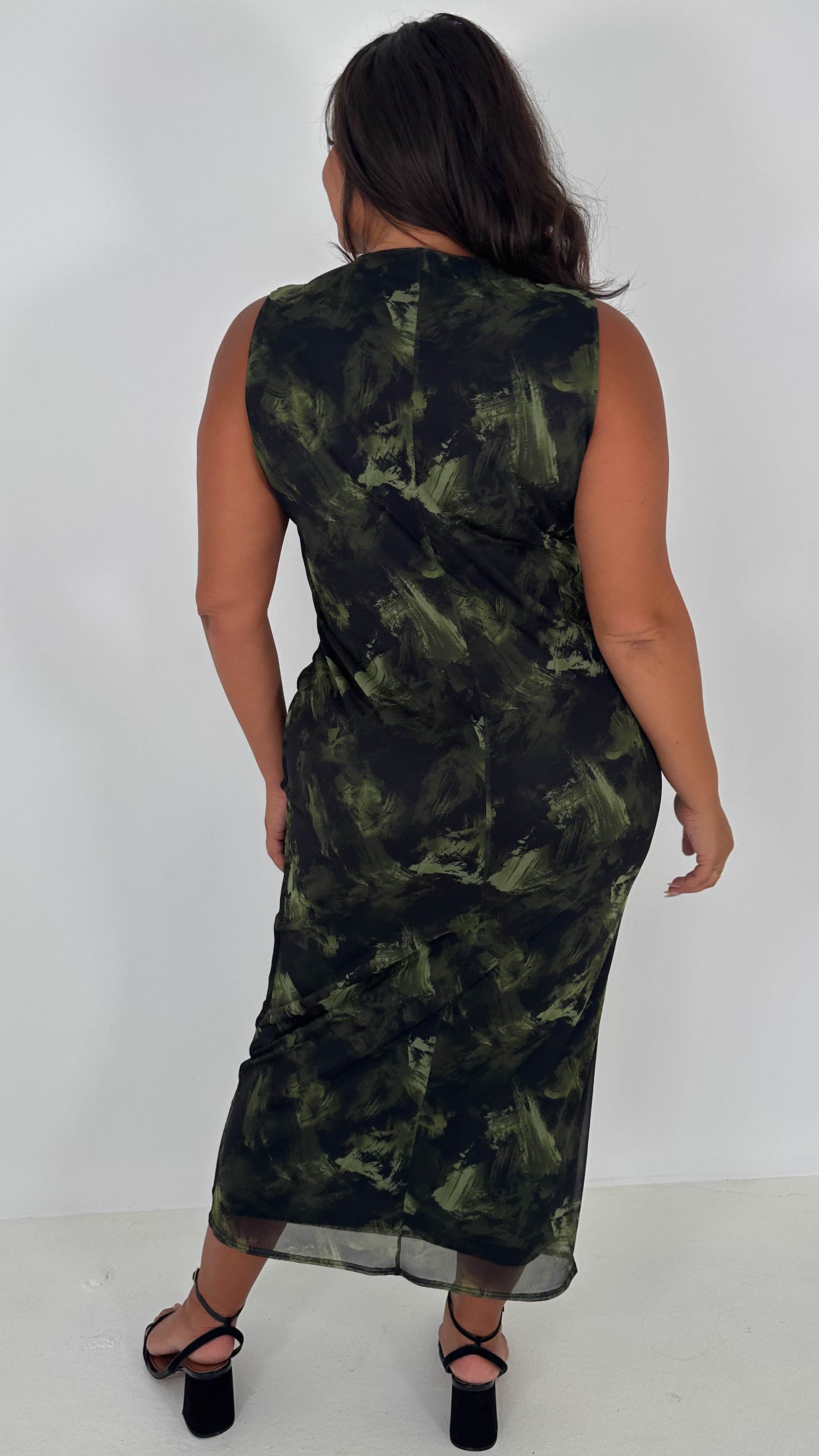 CurveWow Cowl Neck Mesh Midaxi Dress Green Brushstroke