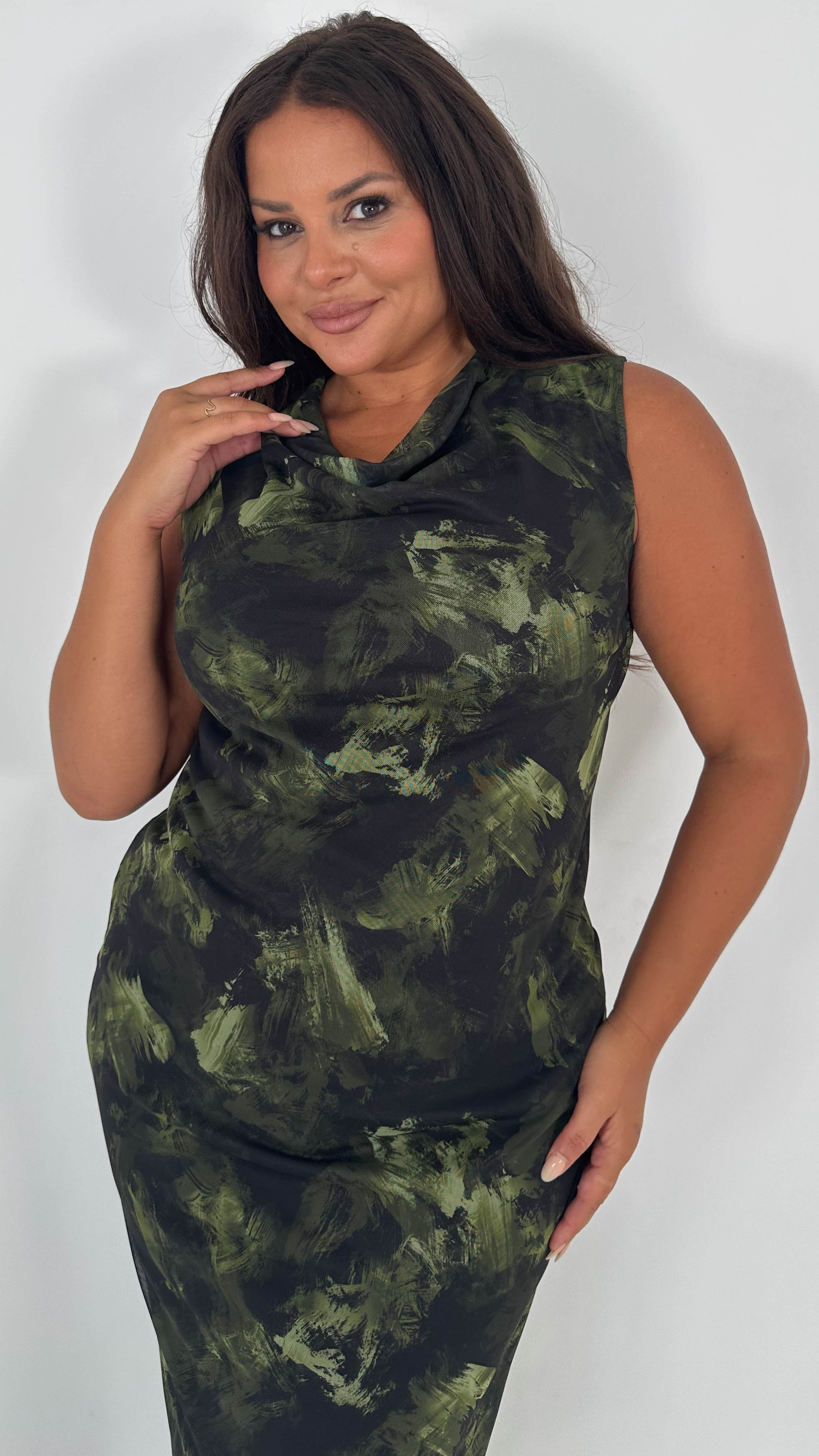 CurveWow Cowl Neck Mesh Midaxi Dress Green Brushstroke