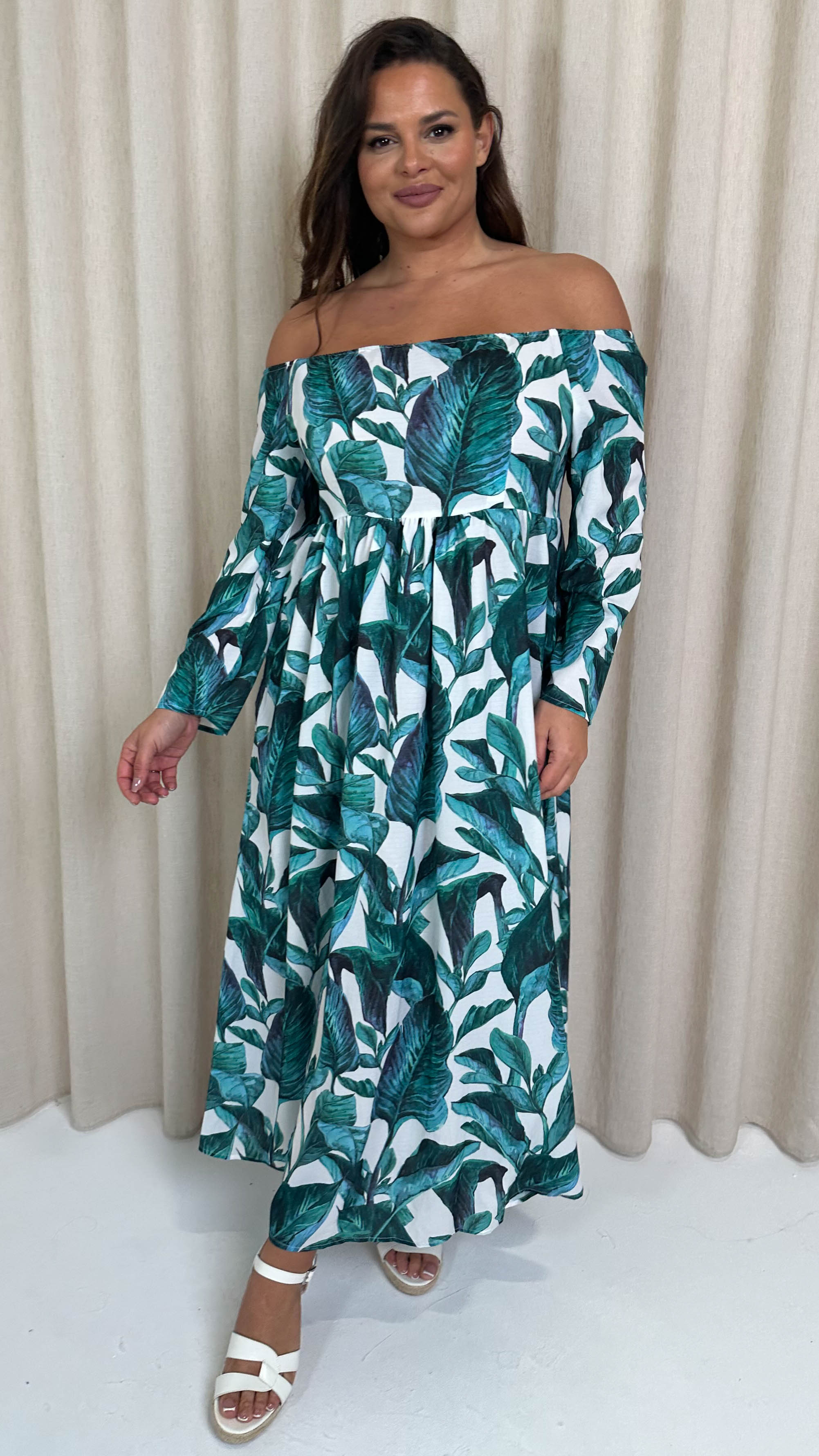 CurveWow Printed Bardot Maxi Dress Leaf Print