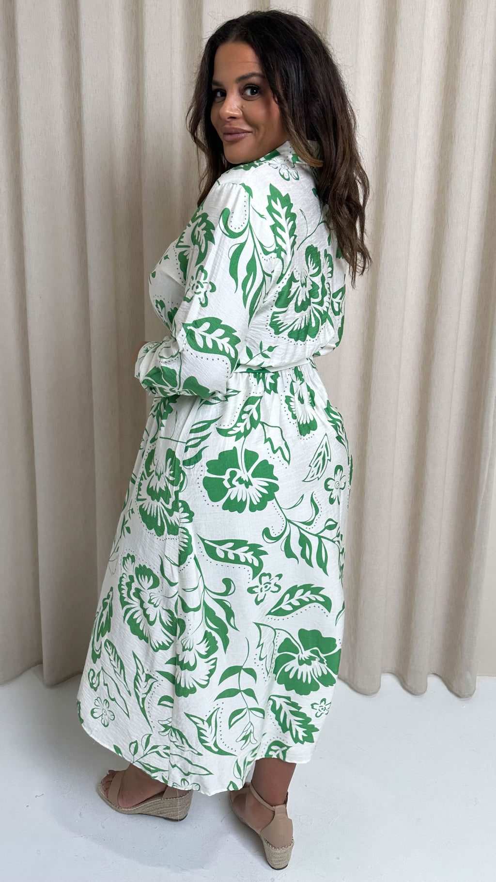 CurveWow Printed Shirt Midaxi Dress Green Floral