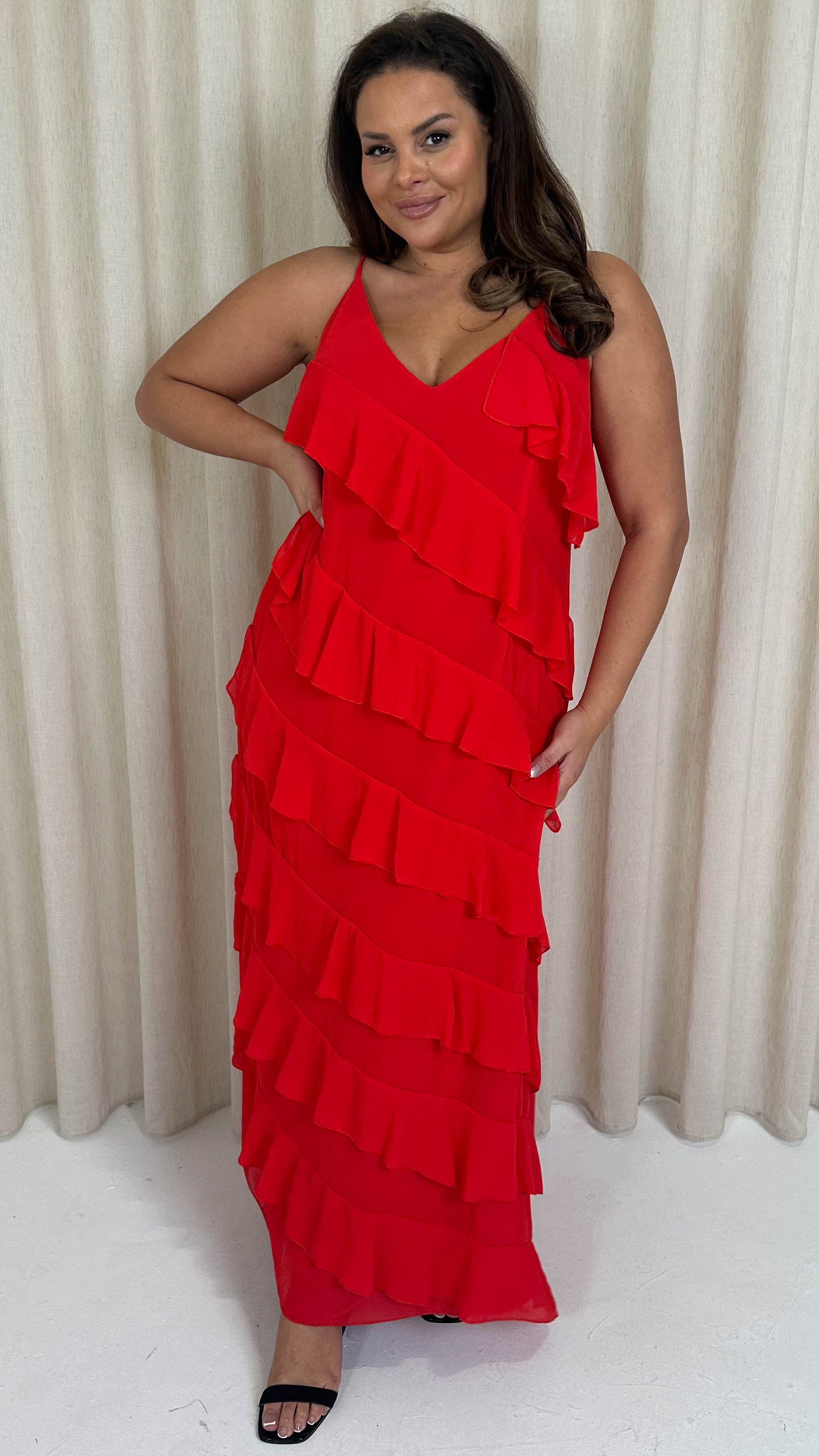 CurveWow Ruffle Tiered Maxi Dress Red