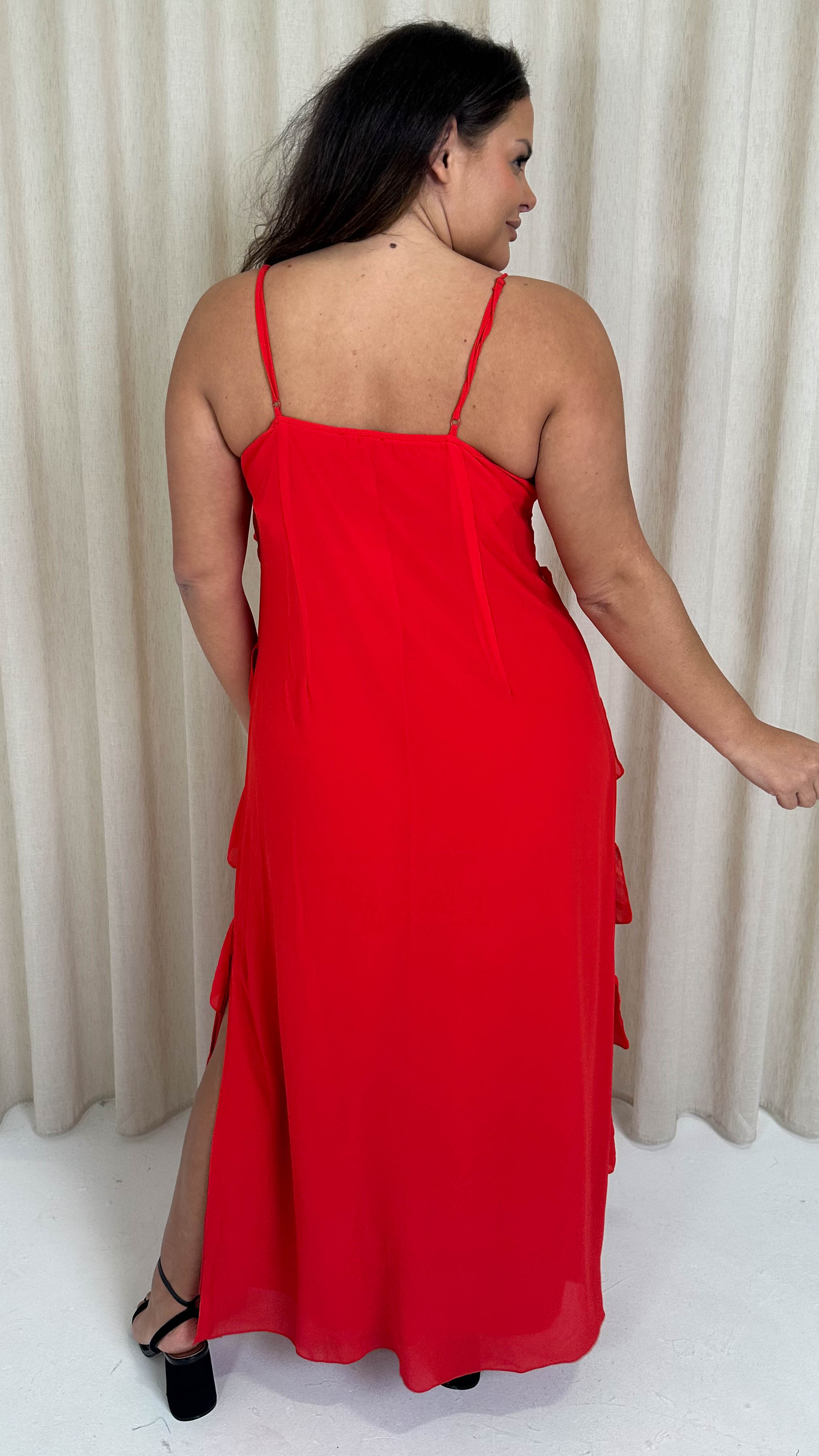 CurveWow Ruffle Tiered Maxi Dress Red