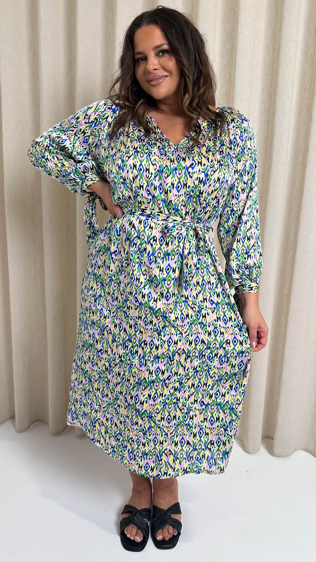 CurveWow V Neck Tie Waist Dress Multi Aztec