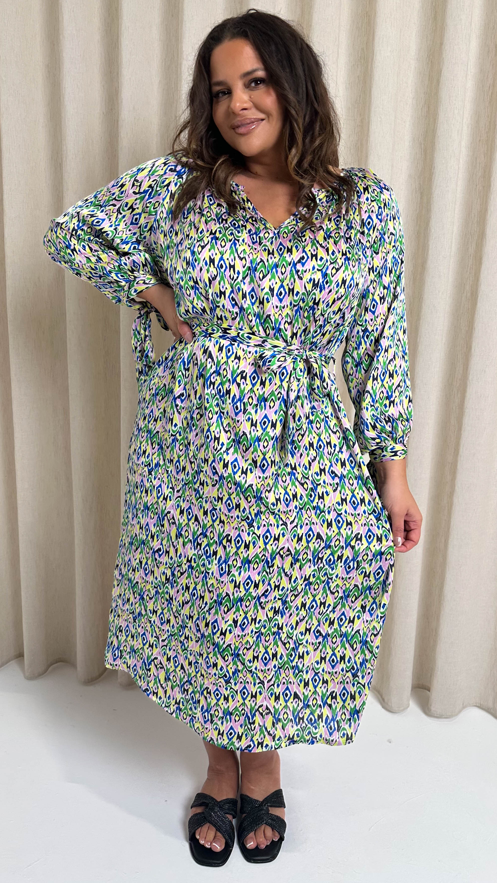 CurveWow V Neck Tie Waist Dress Multi Aztec
