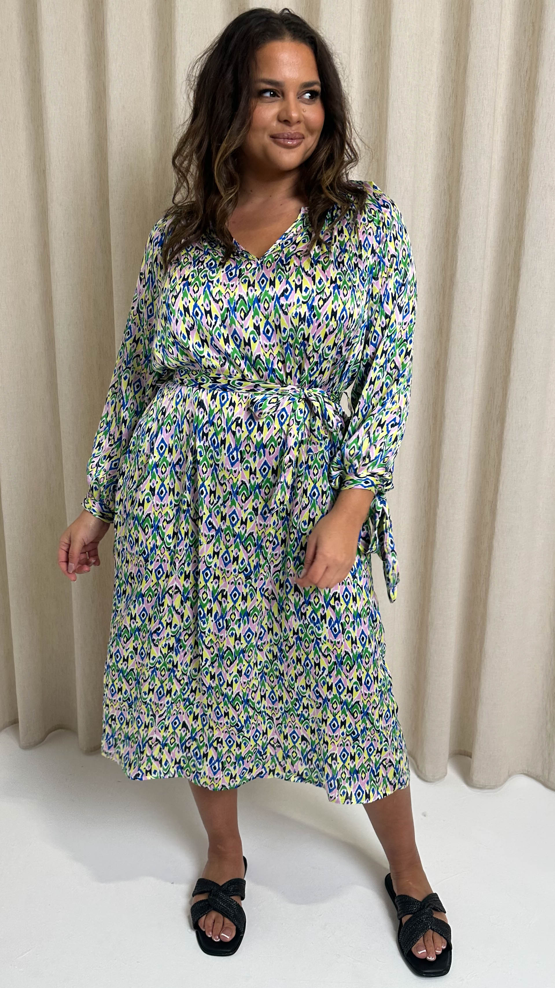 CurveWow V Neck Tie Waist Dress Multi Aztec