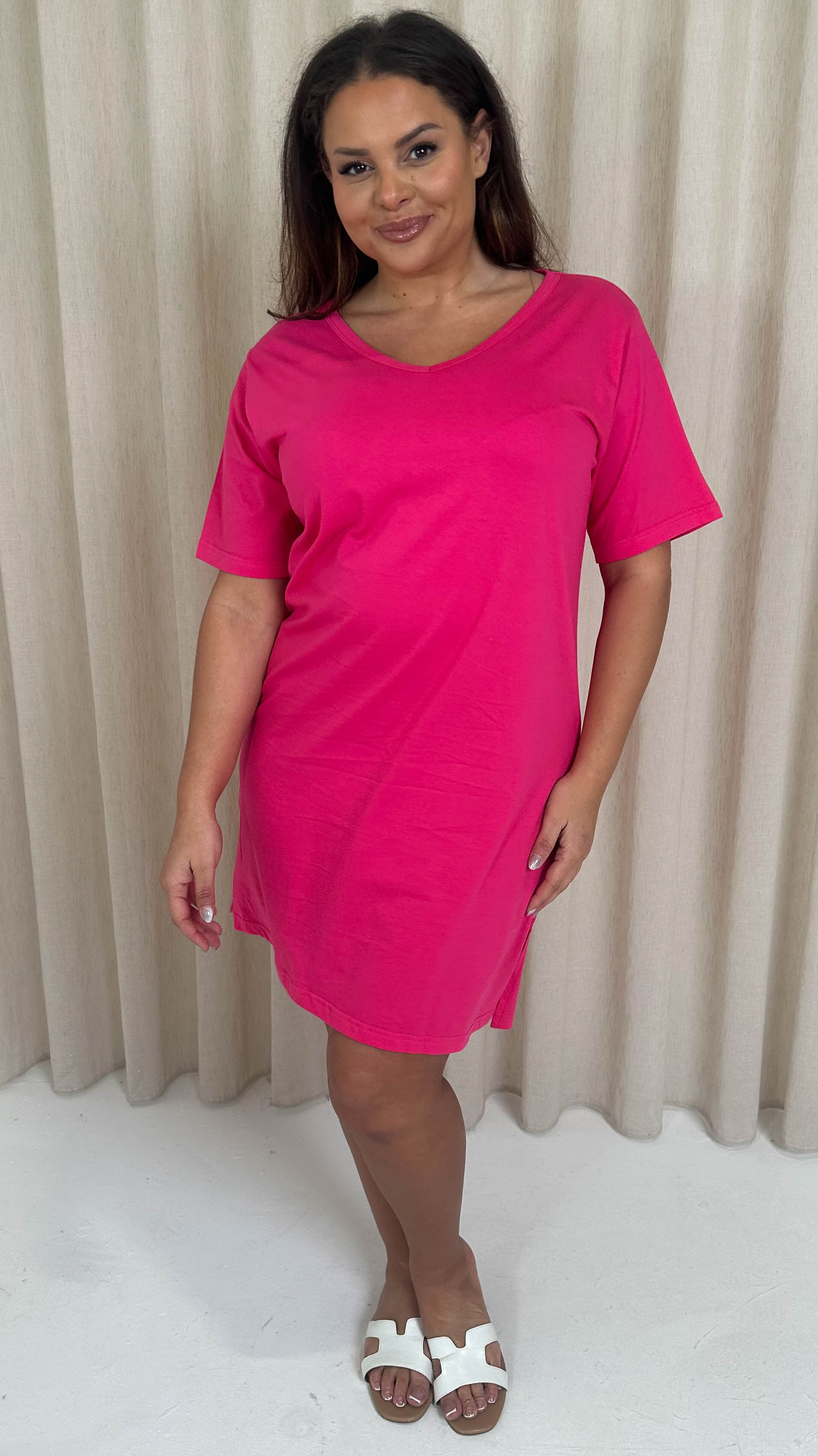 CurveWow V Neck Shirt Dress Fuchsia