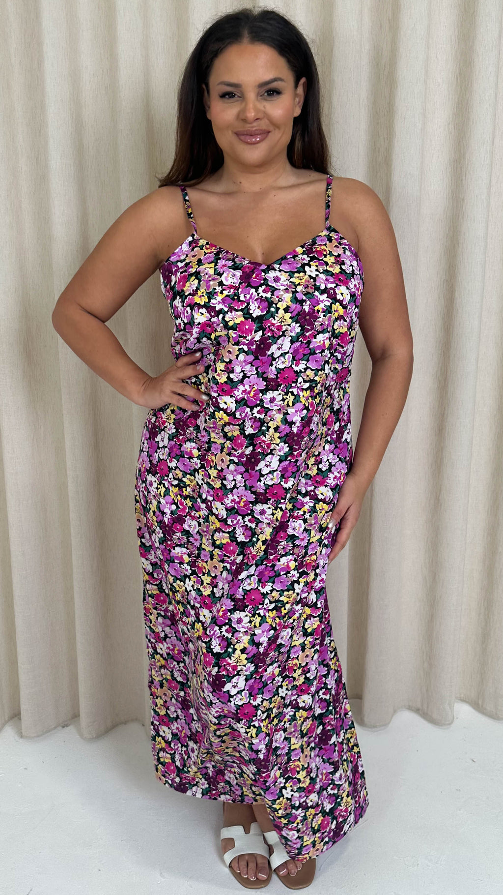CurveWow Strappy Summer Tea Dress Pink Multi Floral