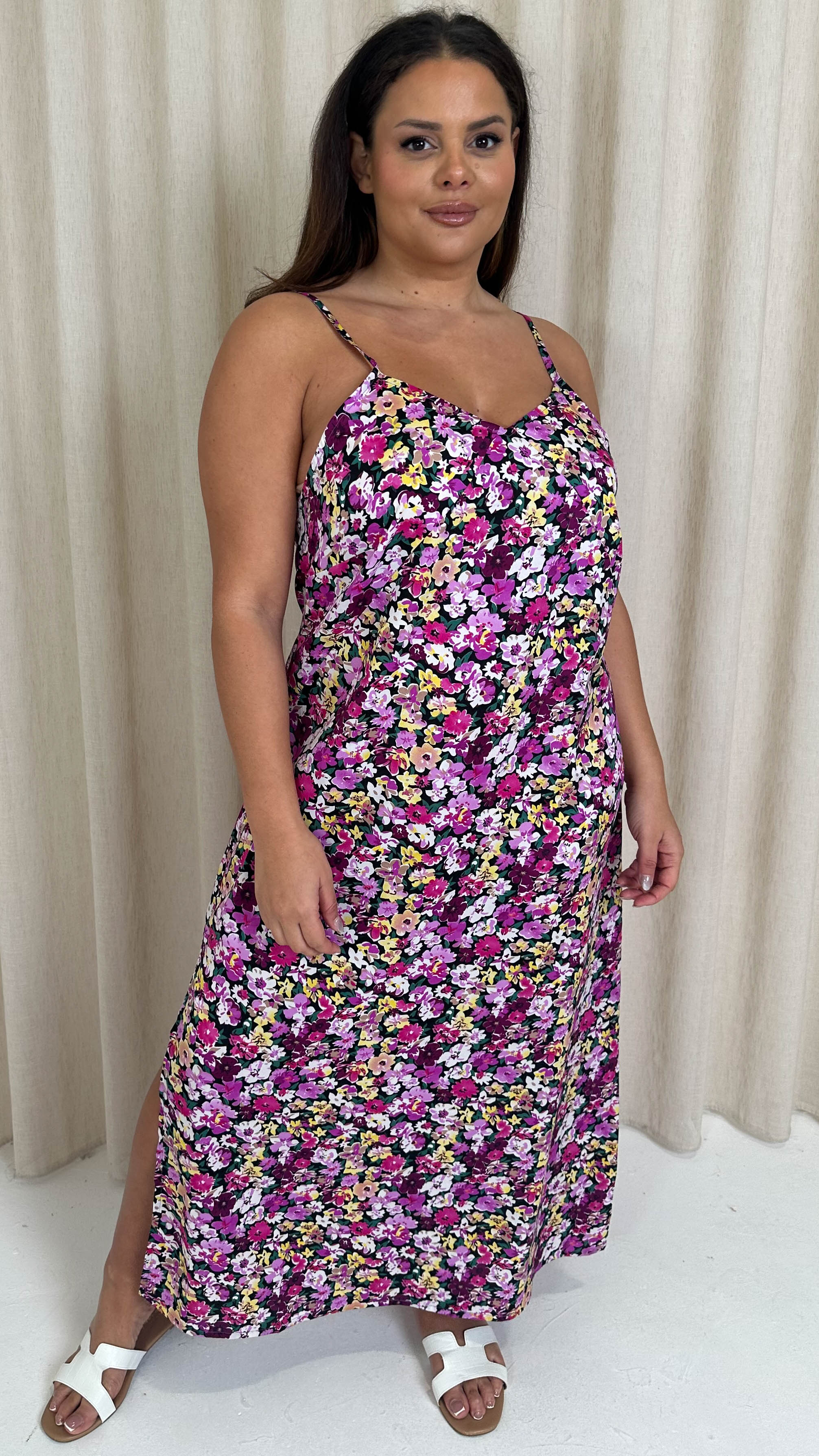 CurveWow Strappy Summer Tea Dress Pink Multi Floral