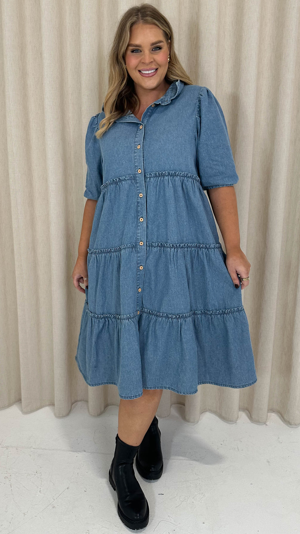 CurveWow Chambray Tiered Shirt Dress