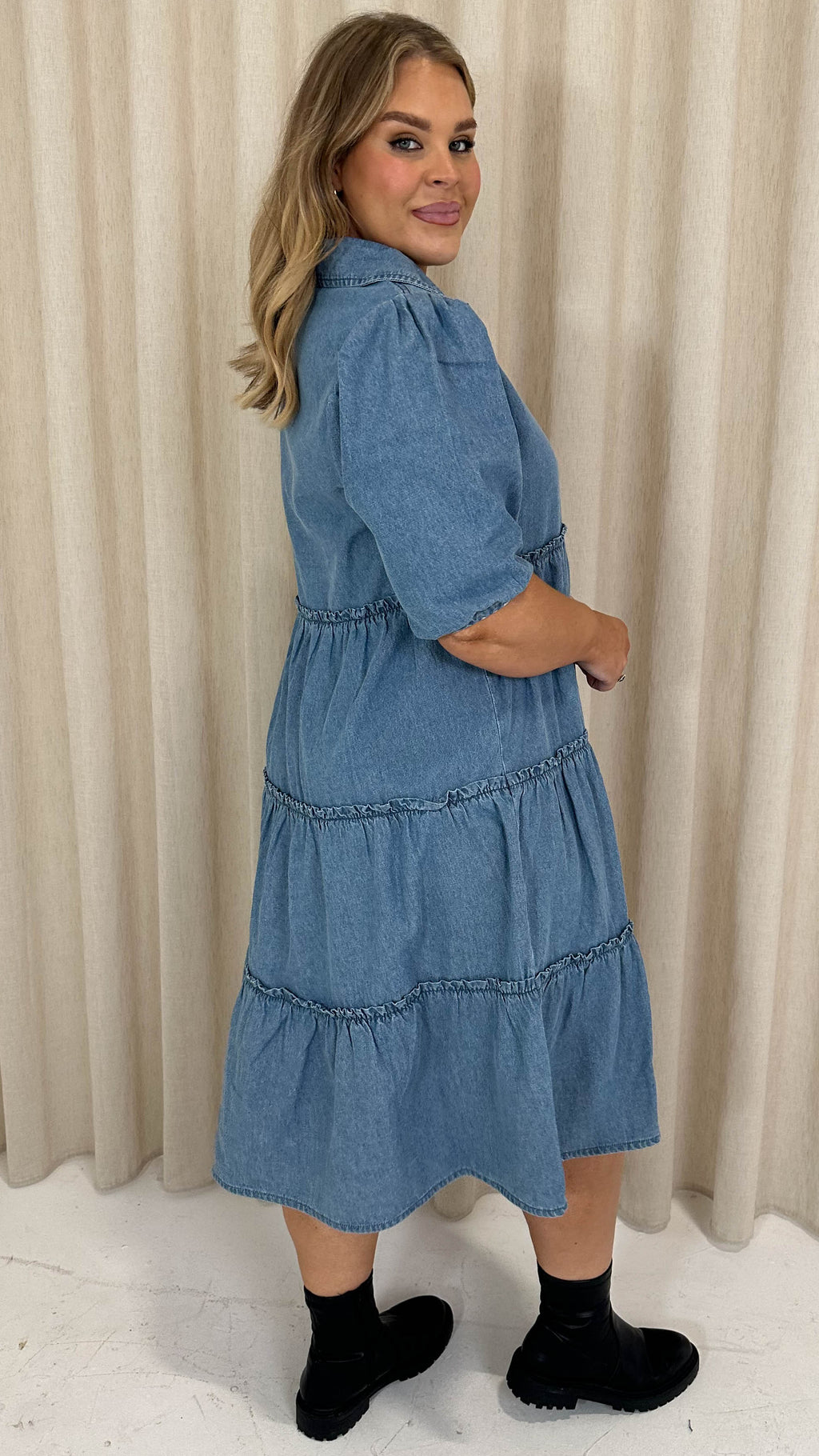 CurveWow Chambray Tiered Shirt Dress