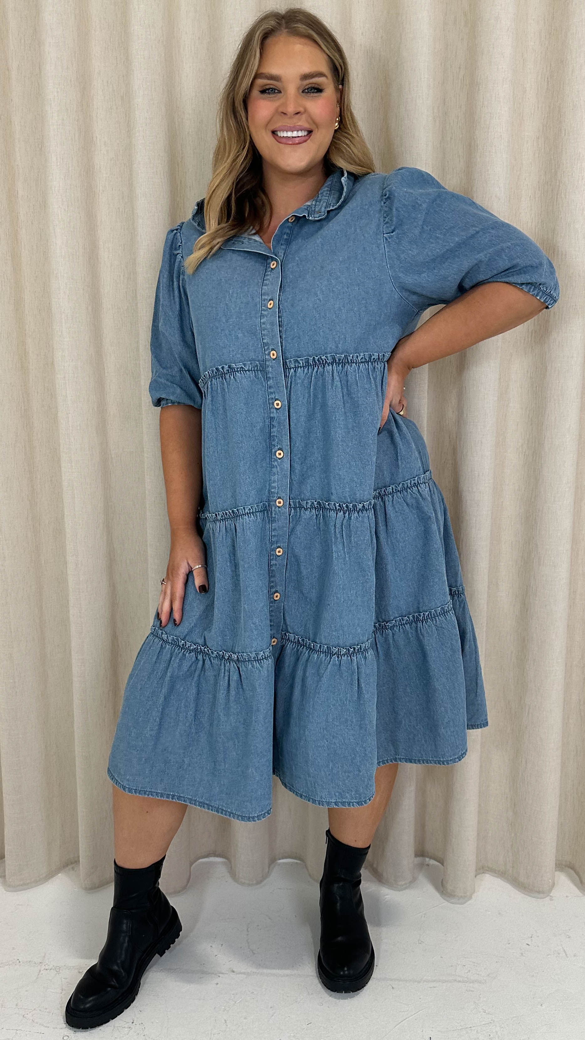 CurveWow Chambray Tiered Shirt Dress