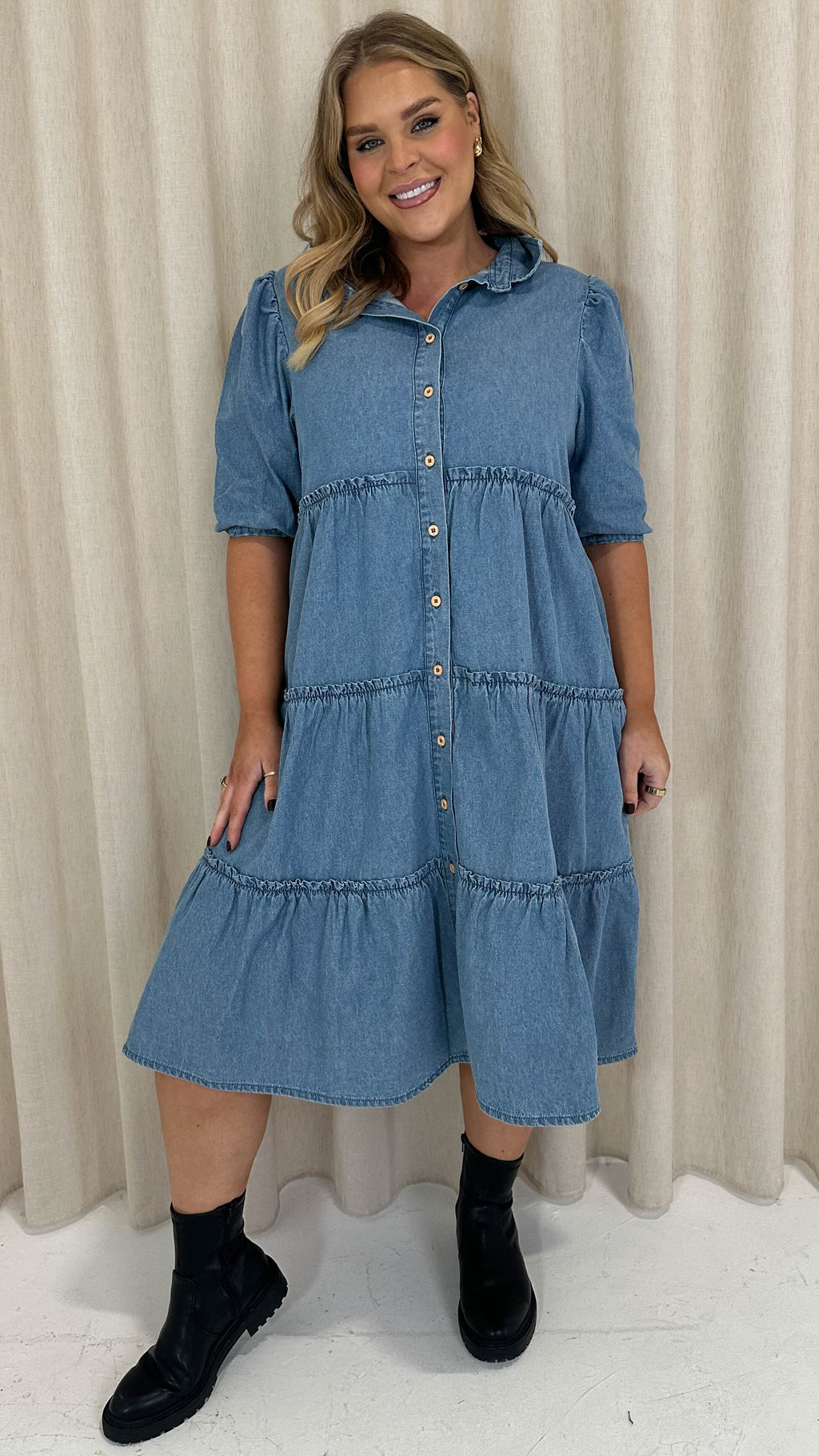 CurveWow Chambray Tiered Shirt Dress