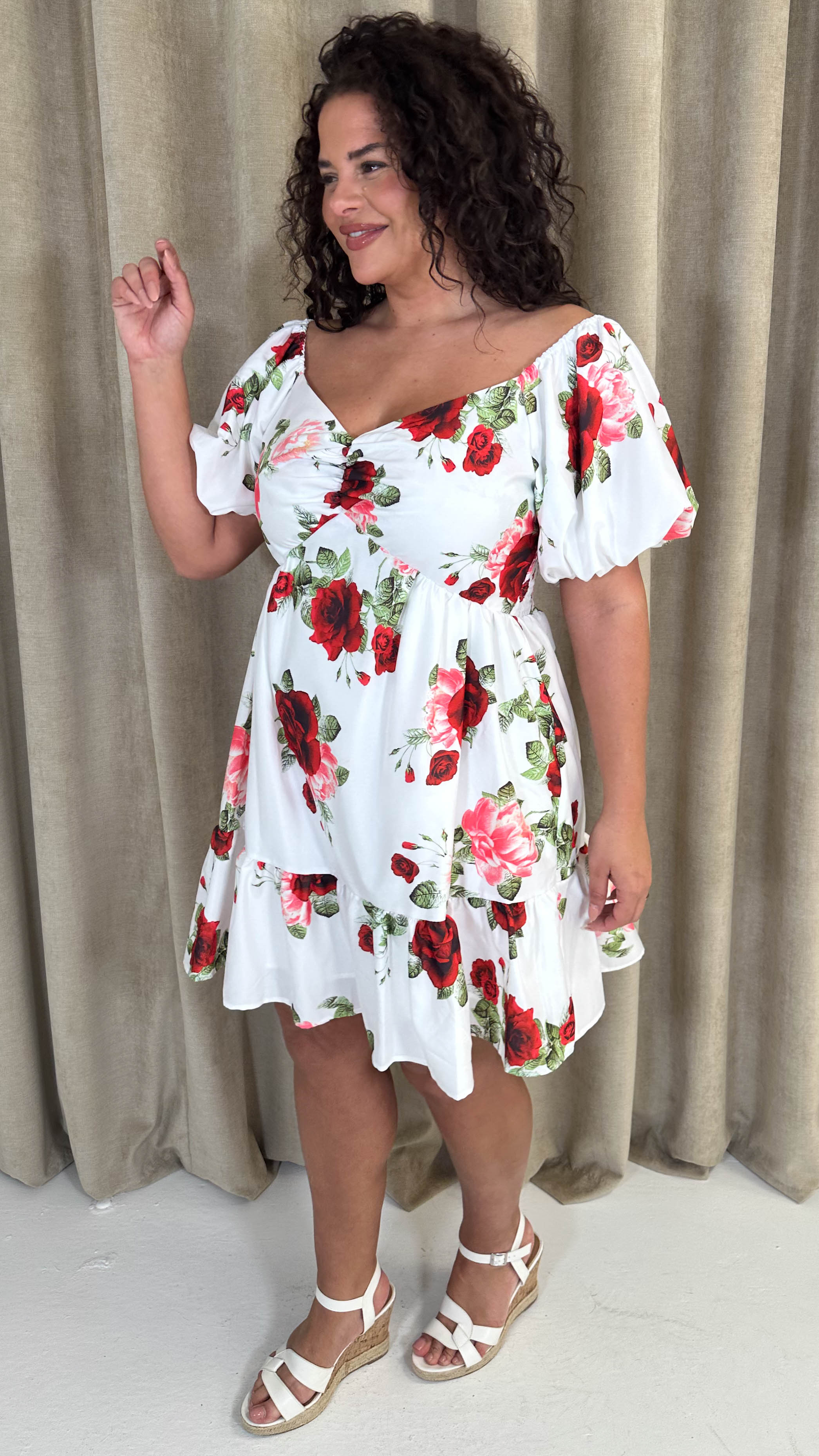 CurveWow Milkmaid Mini Dress Red & Pink