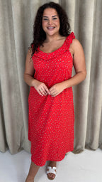 CurveWow Frill V-Neck Summer Dress Red Ditsy