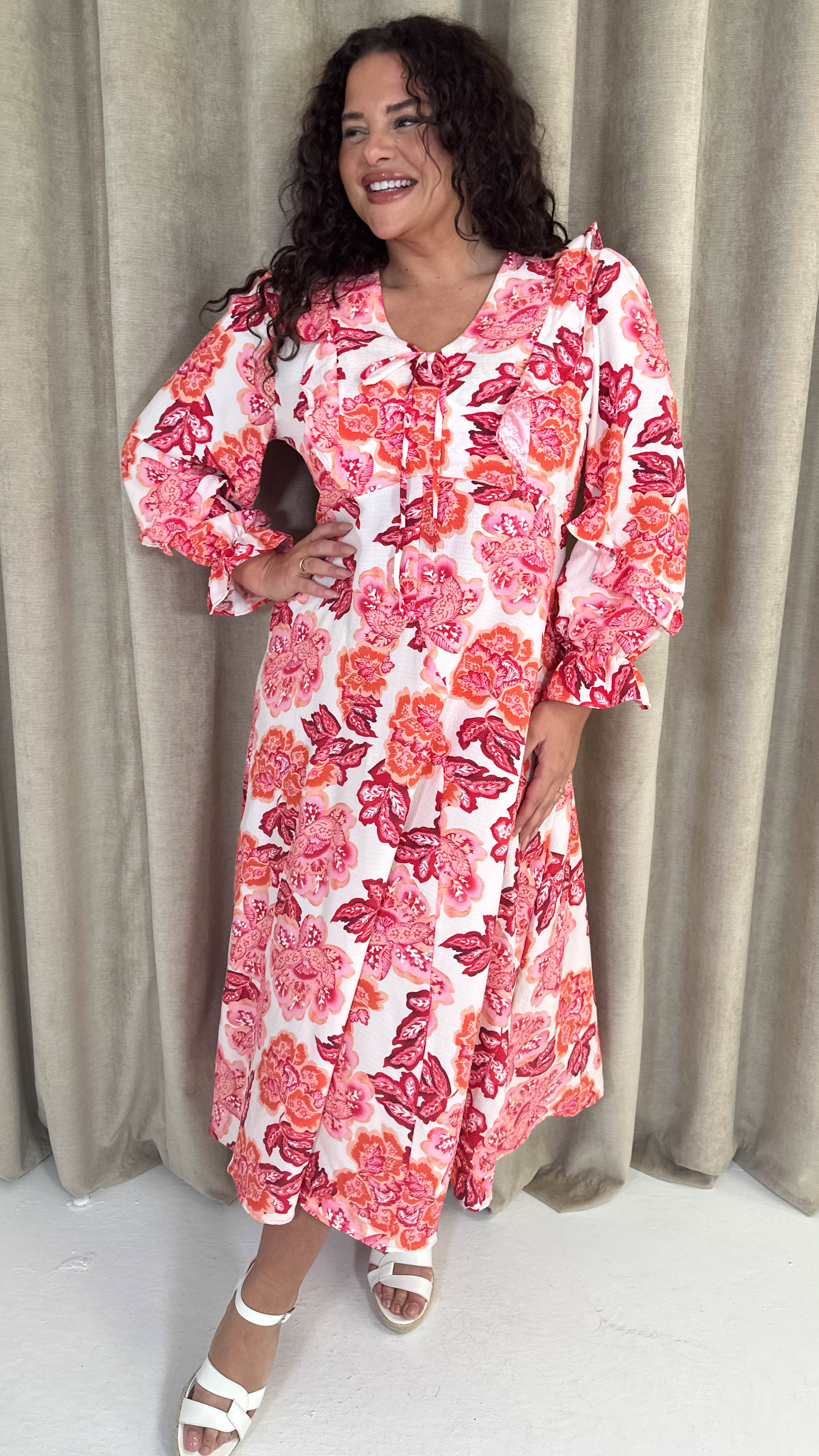 CurveWow Frill Sleeve Maxi Dress Cream & Red Floral