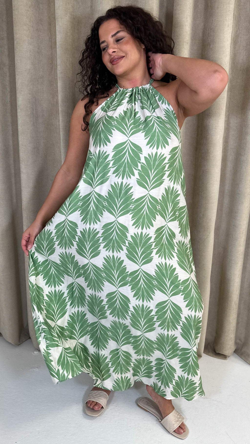 CurveWow Racer Swing Maxi Dress Green Leaf