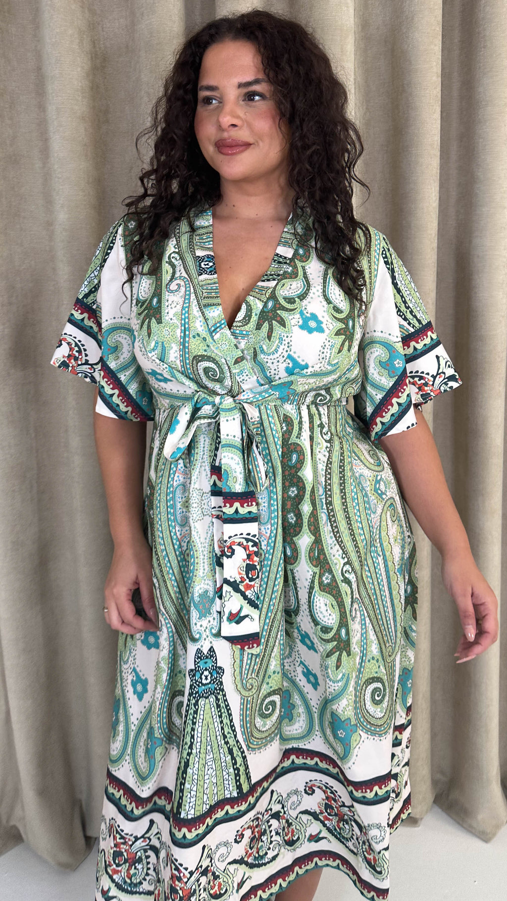 CurveWow Paisley Tie Front Dress Green