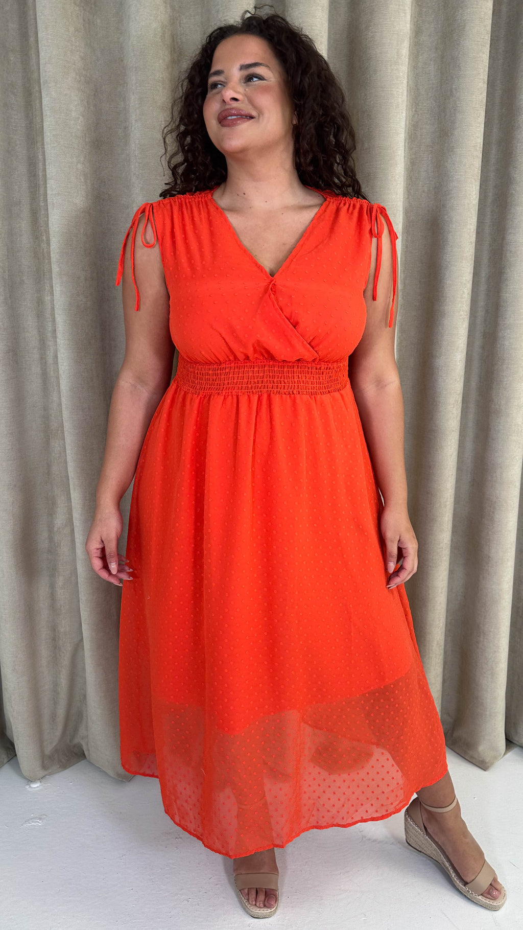 CurveWow Shirred Waist Dobby Midaxi Dress Orange