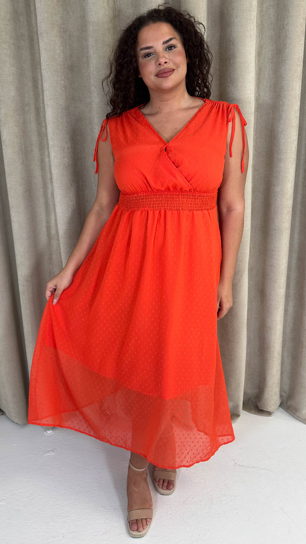 CurveWow Shirred Waist Dobby Midaxi Dress Orange