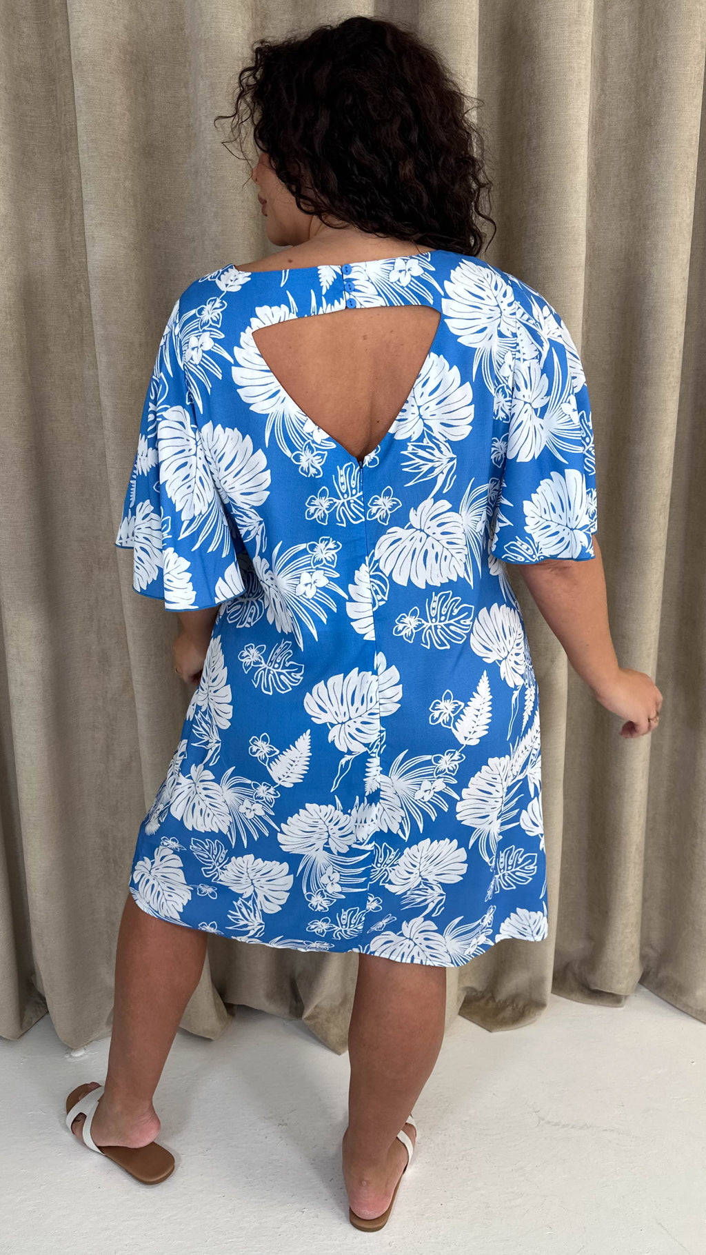 CurveWow V Back Mini Dress Blue Palm