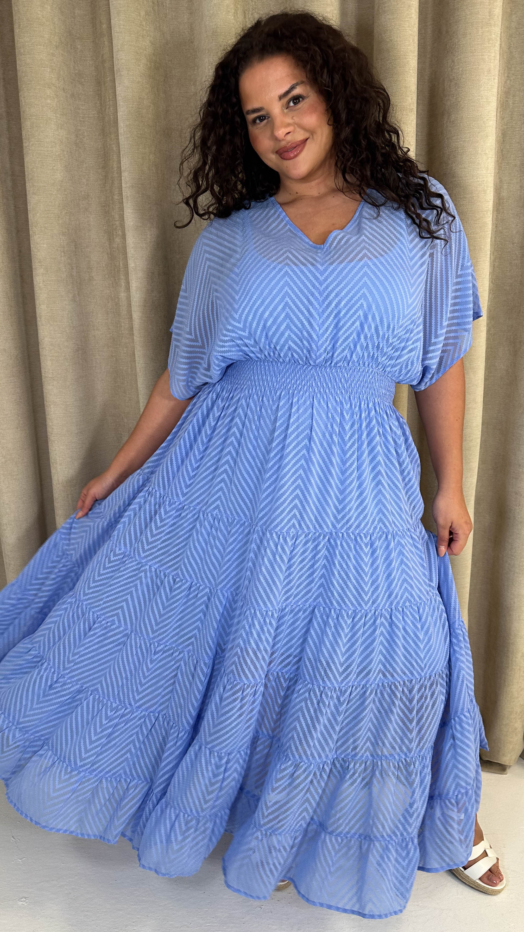 CurveWow V Neck Shirred Waist Maxi Dress Blue