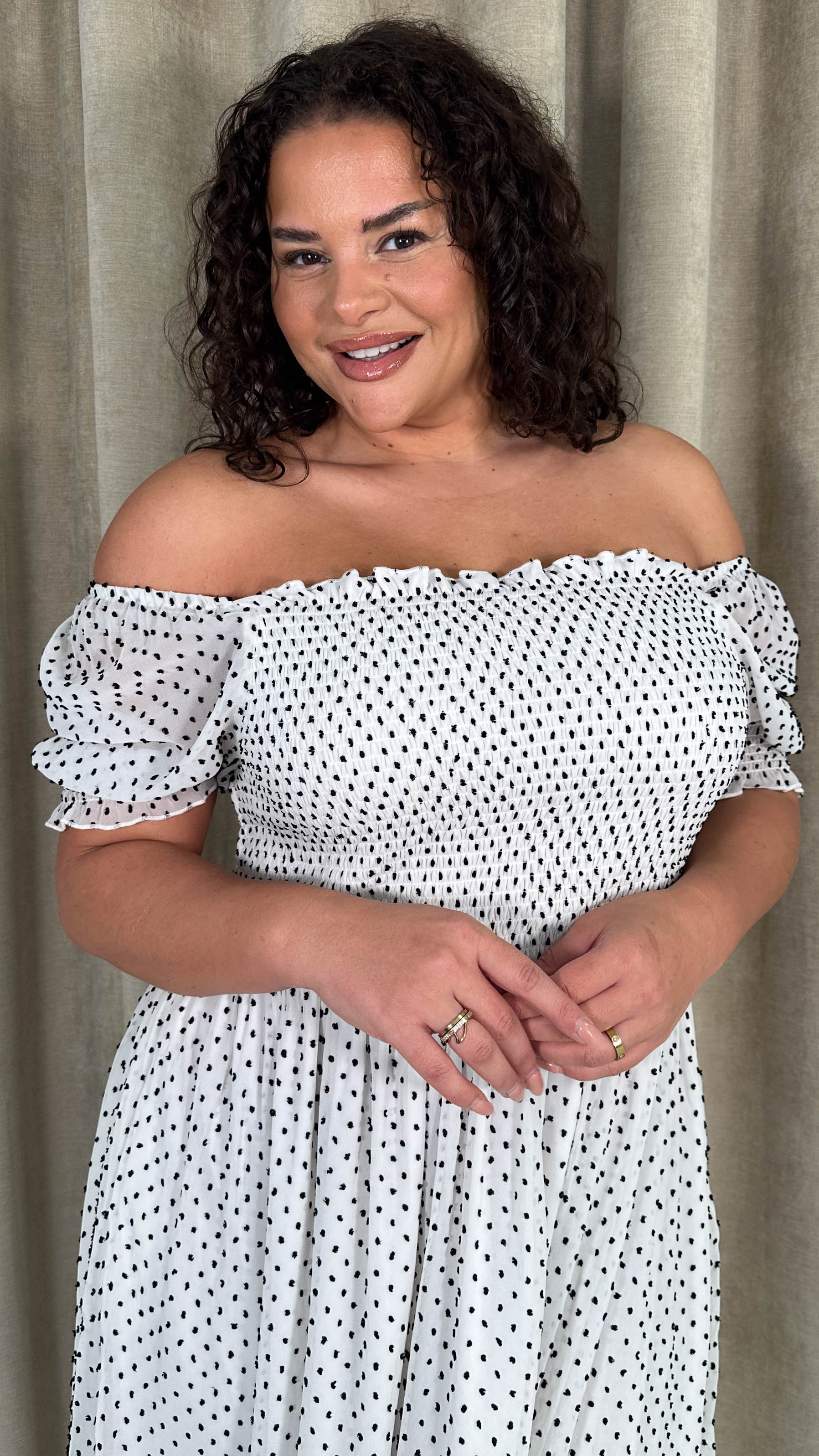 CurveWow Puff Sleeve Midi Dress White & Black Spot