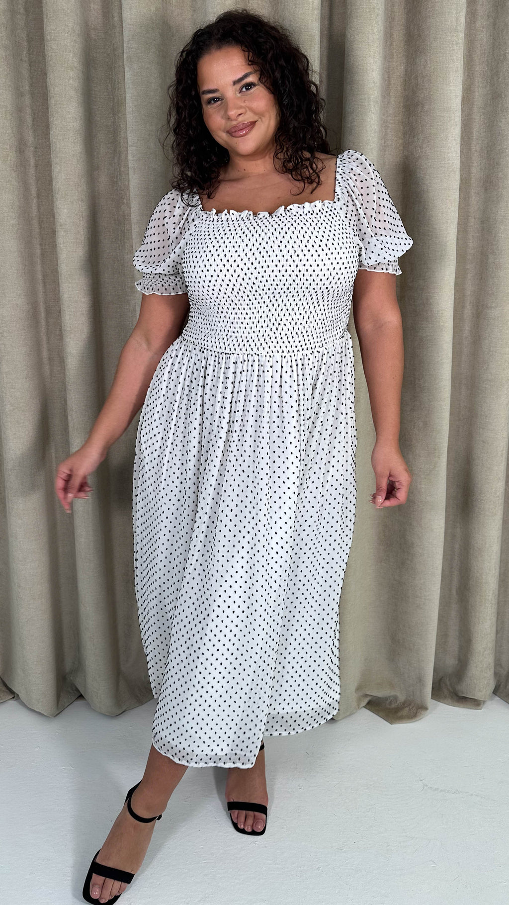 CurveWow Puff Sleeve Midi Dress White & Black Spot