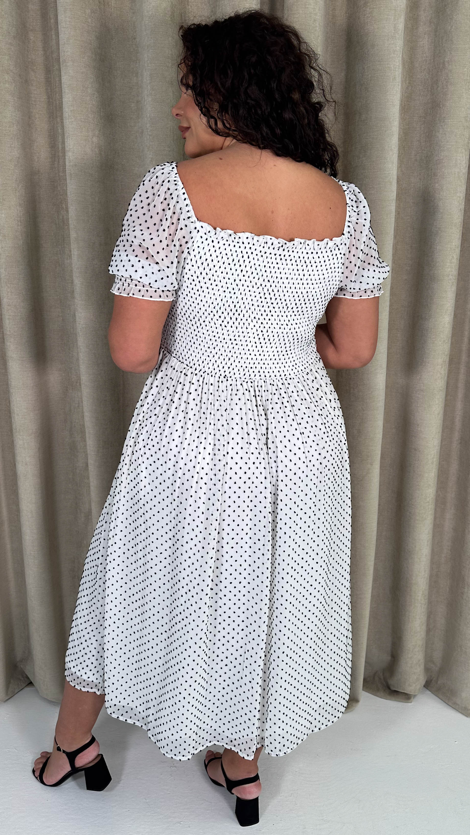 CurveWow Puff Sleeve Midi Dress White & Black Spot