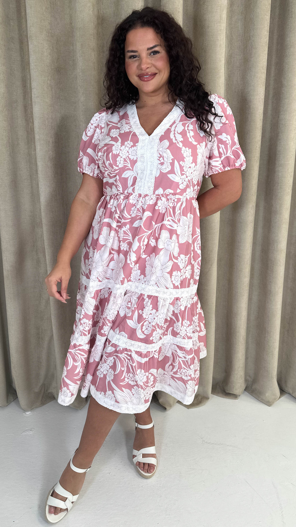 CurveWow Tiered Print Midi Dress Pink Floral